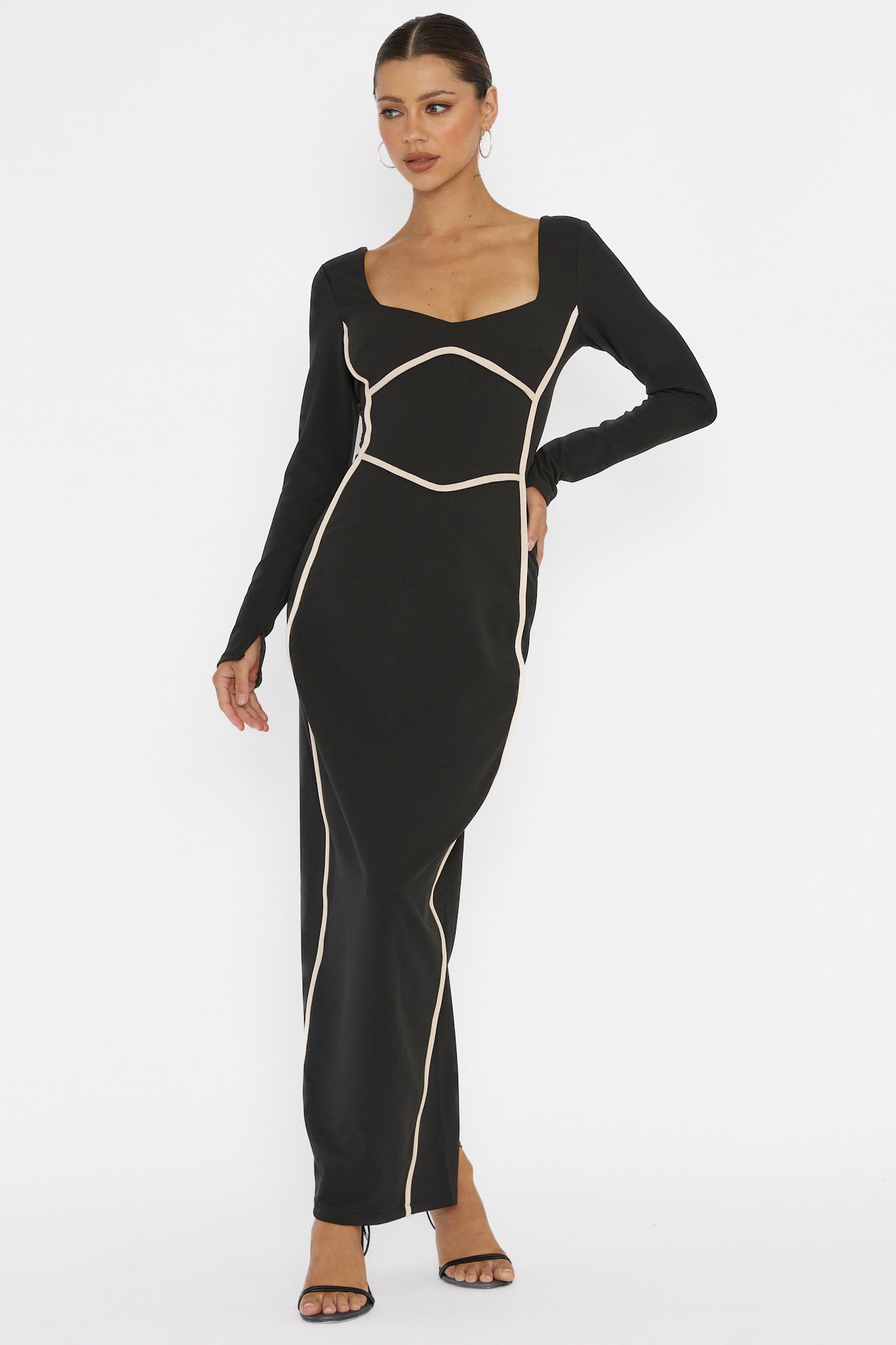 Shenae Long Sleeve Piping Midi Dress Black by Selfie Leslie