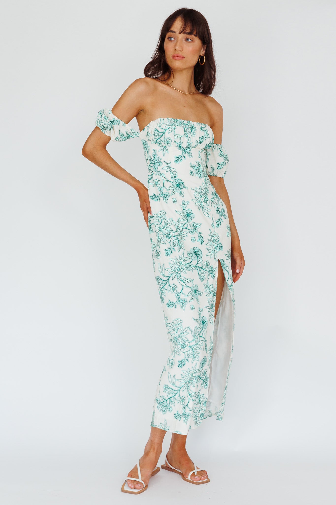 Olivier Off-Shoulder Midi Dress Floral Green by Selfie Leslie