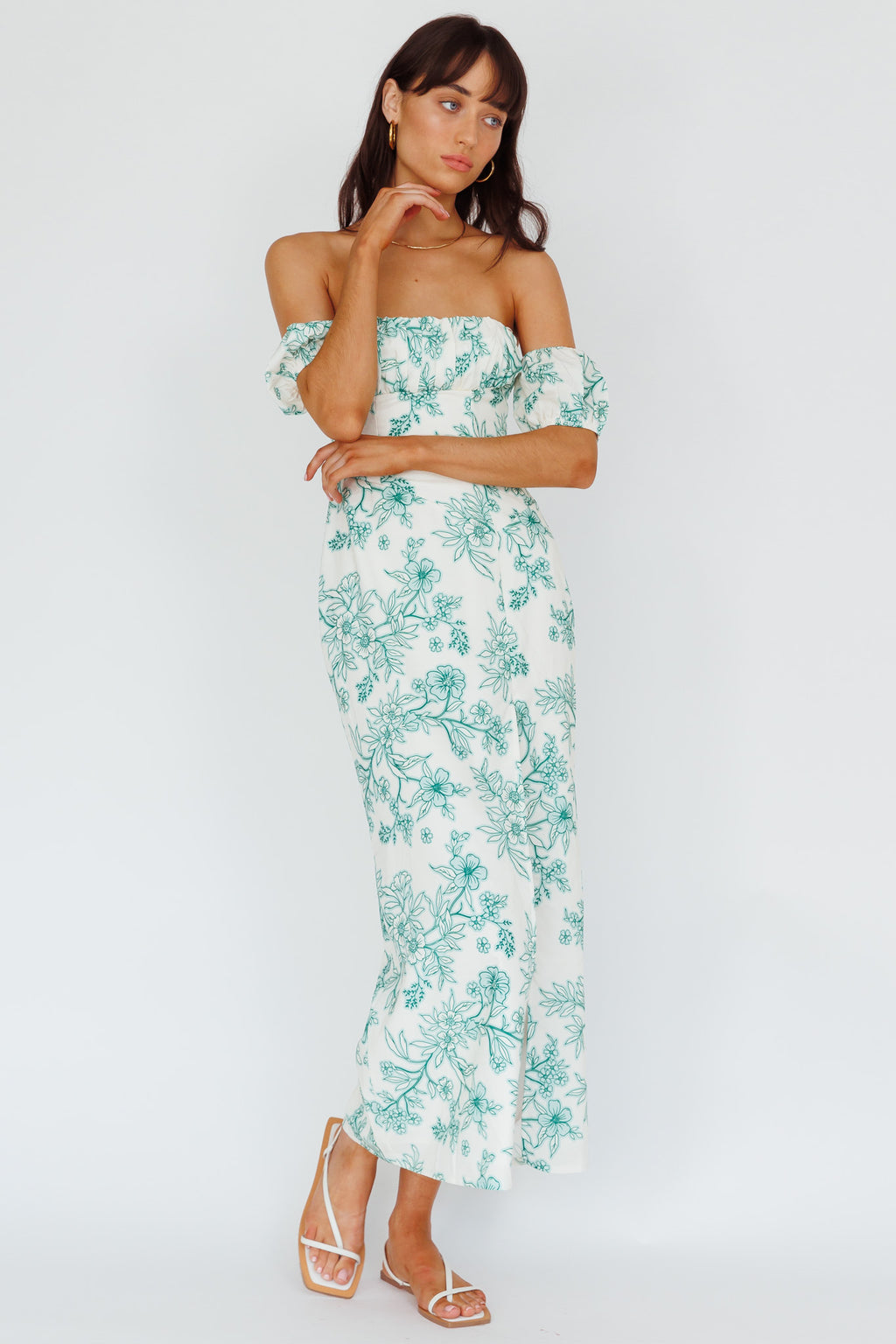 Olivier Off-Shoulder Midi Dress Floral Green by Selfie Leslie