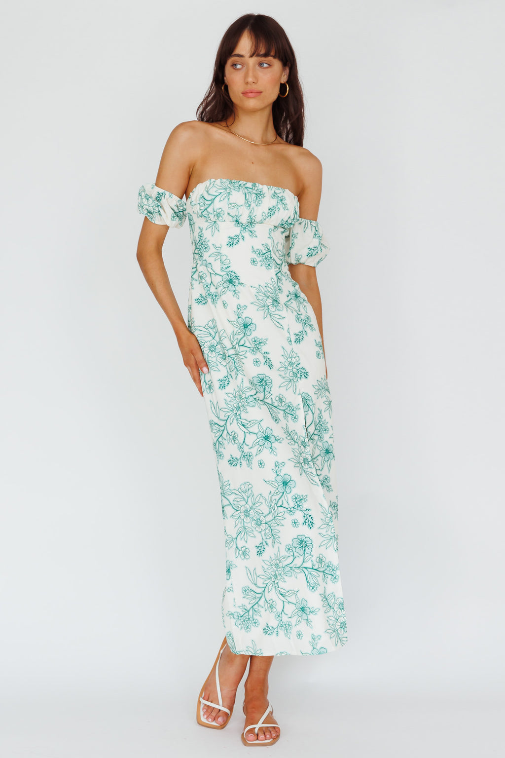 Olivier Off-Shoulder Midi Dress Floral Green by Selfie Leslie