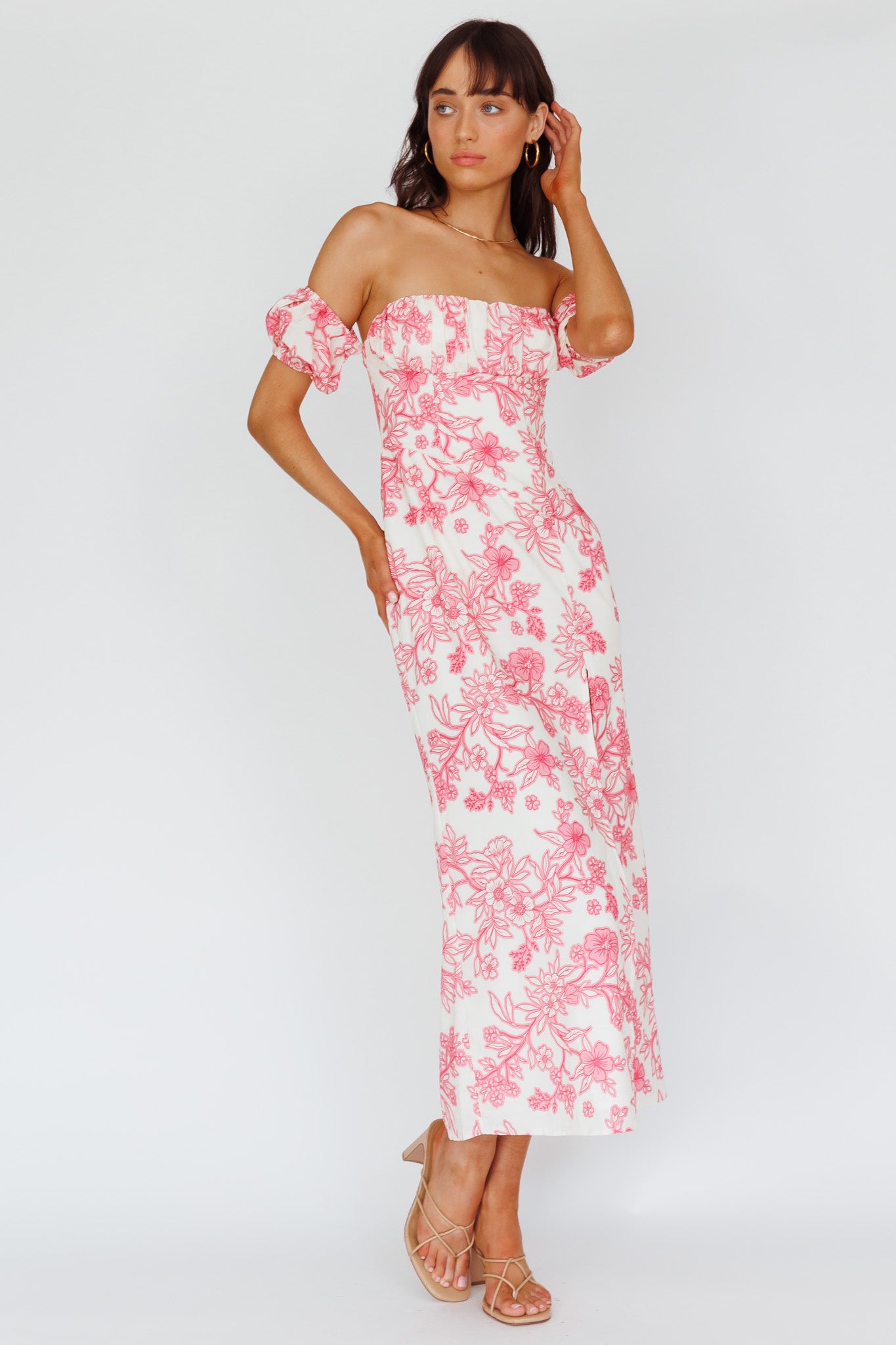 Rosa Pink and White Floral Printed Off-Shoulder Midi Dress main image 0