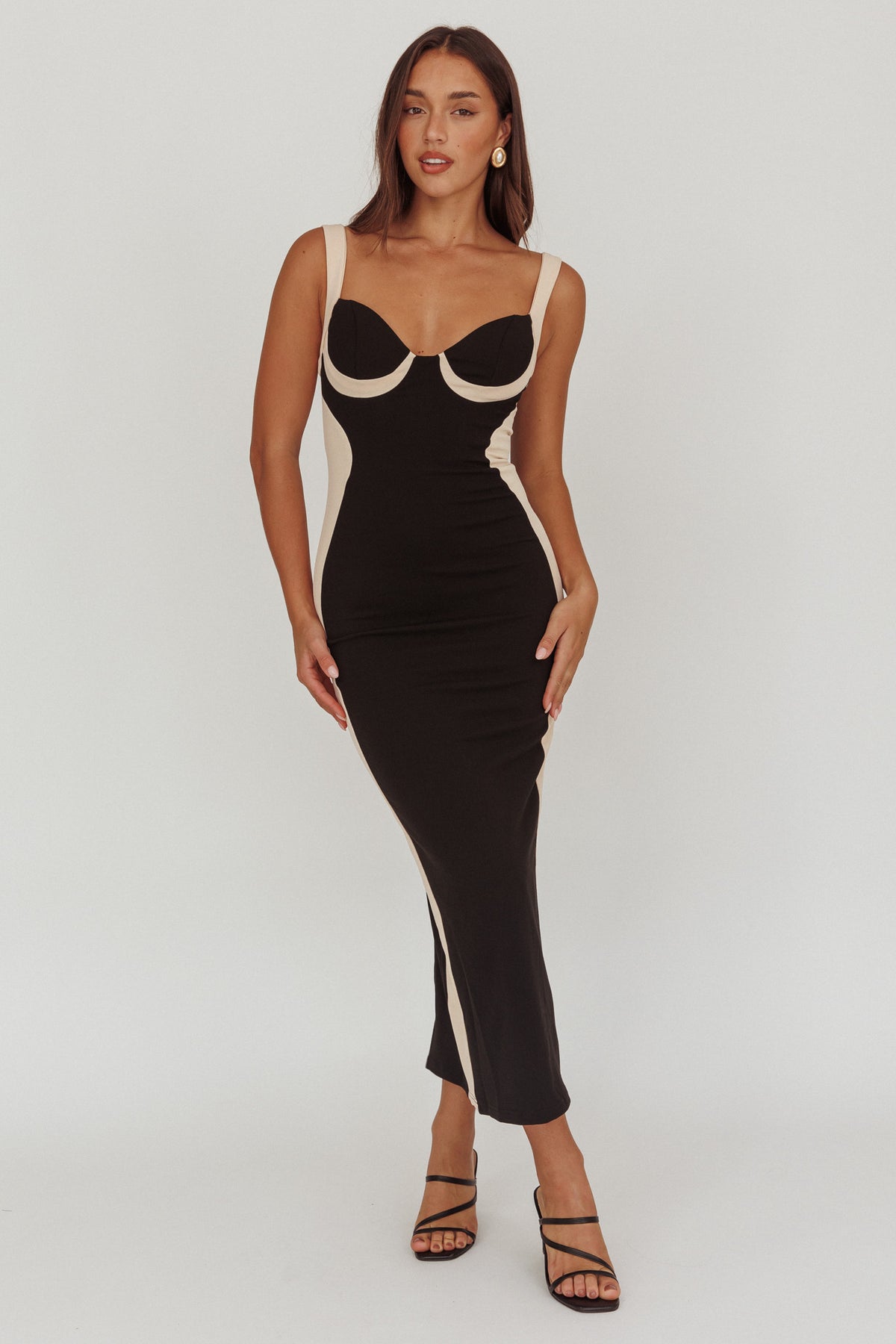 black and beige midi dress Tenika Contrast Bodycon Ruched Tank Dress | online boutique Size:48 Long & any size pants (add Size in payment comment section) and an easy pull
