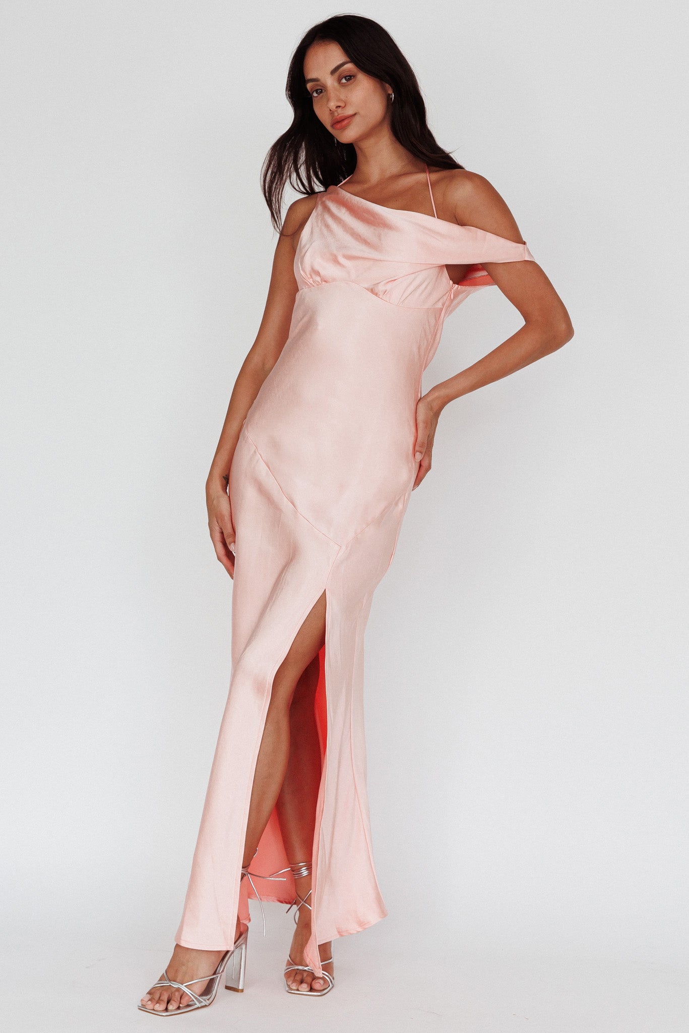 Etienne Off-Shoulder Halter Midi Dress Shimmer Pink Selfie Leslie Etienne Off-Shoulder Halter Midi Dress Shimmer Pink Selfie Leslie
