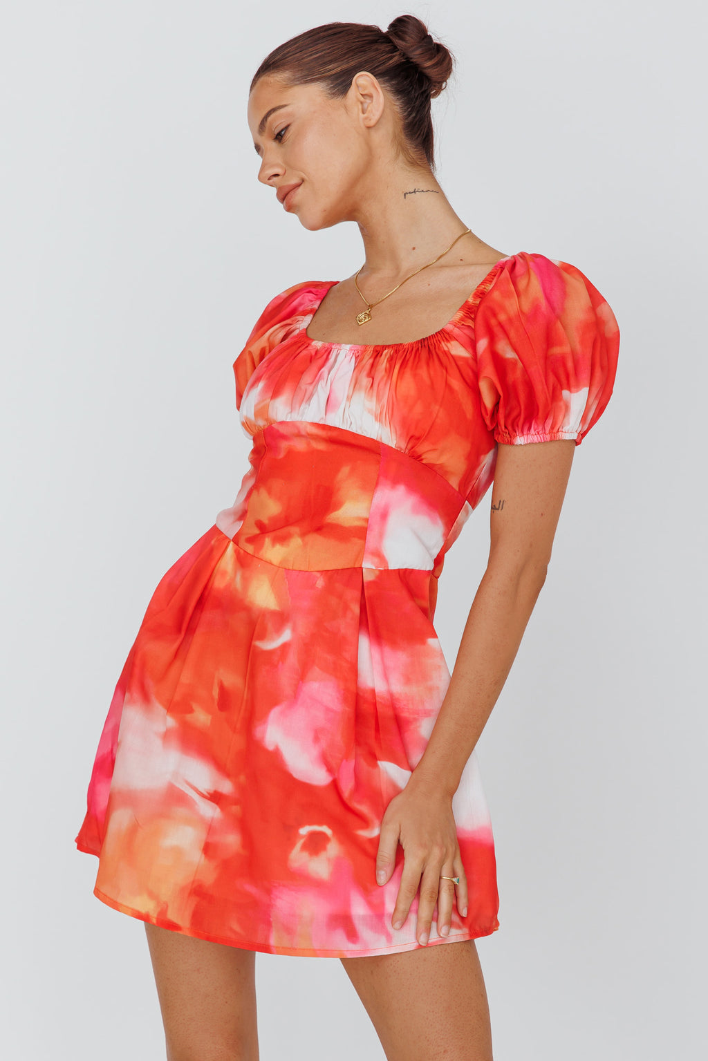 Shayna Puff Sleeve Mini Dress Print Red by Selfie Leslie