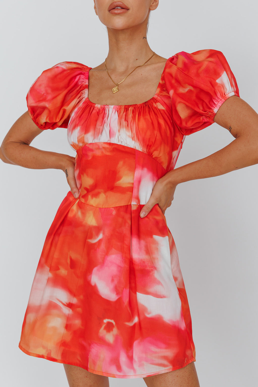 Shayna Puff Sleeve Mini Dress Print Red by Selfie Leslie