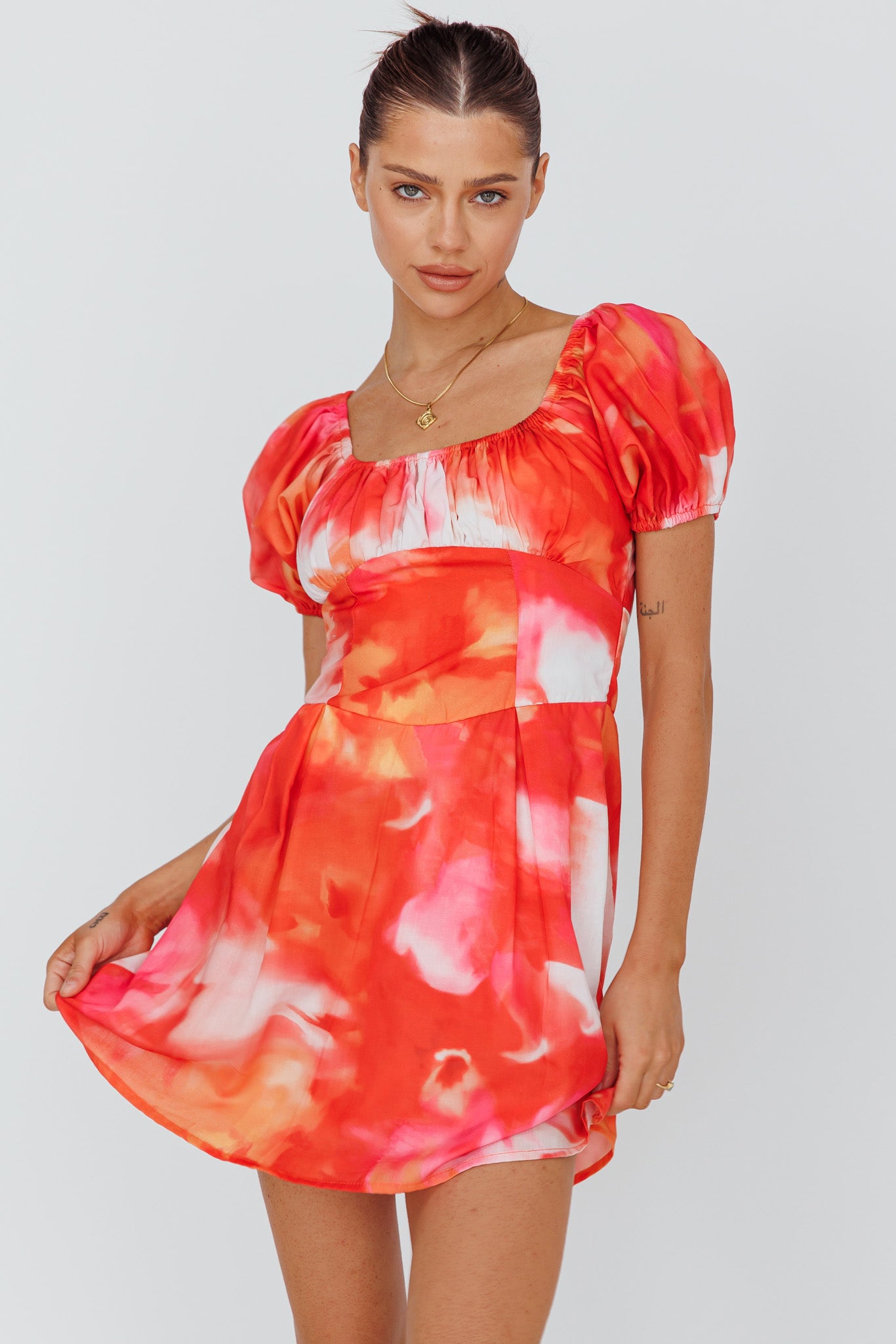 Shayna Puff Sleeve Mini Dress Print Red by Selfie Leslie