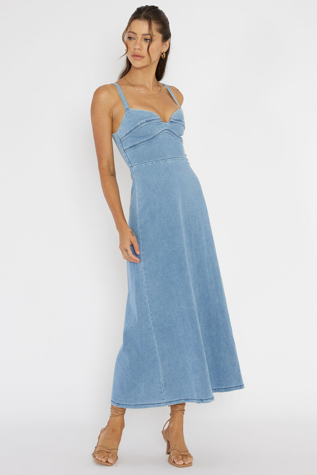 spell eve denim sweetheart midi dress On 34th Women's Denim Sweetheart-Neck Midi Dress - Blue