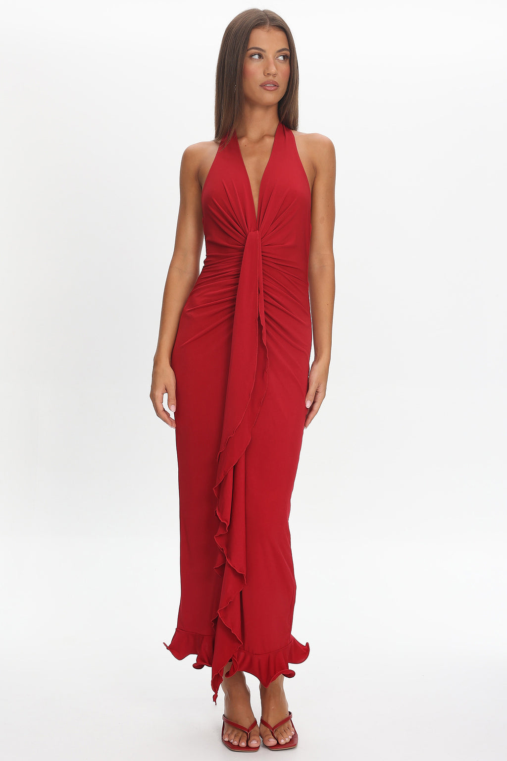 Ray Of Light Ruched Halterneck Maxi Dress Wine by Selfie Leslie