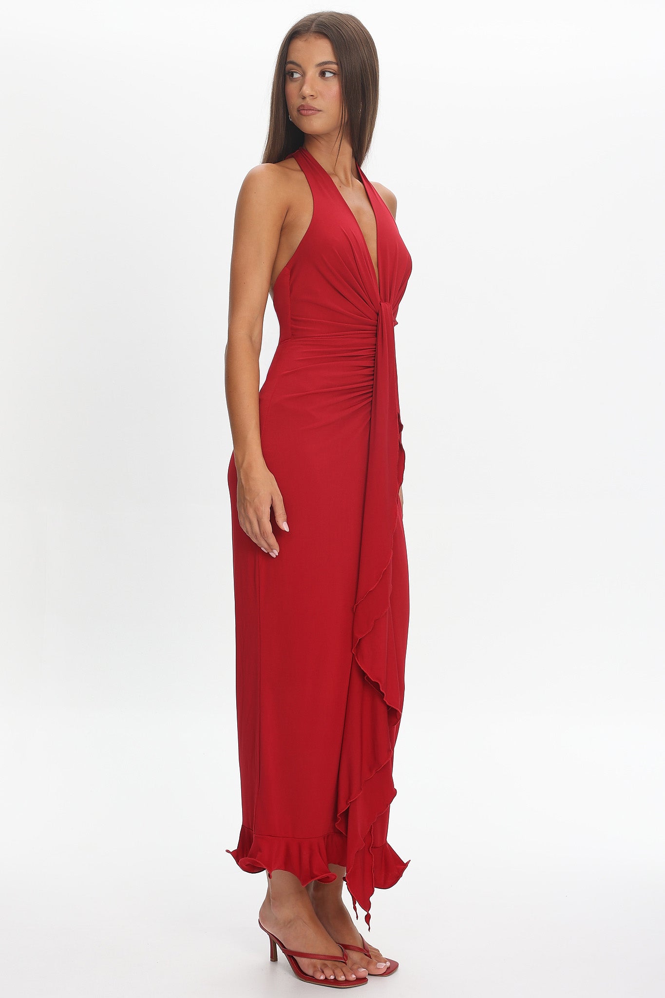 light red maxi dress Ray Of Light Ruched Halterneck Maxi Dress Wine