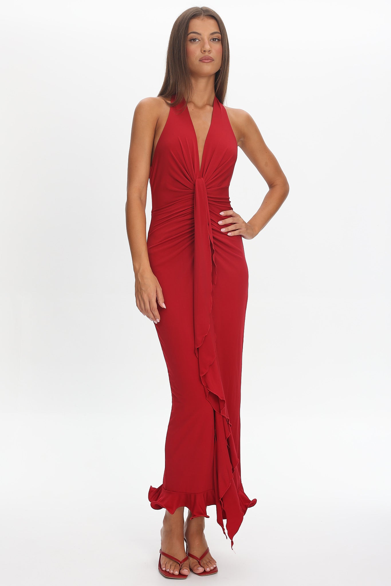 cut-out ruched halterneck maxi dress Ray Of Light Ruched Halterneck Maxi Dress Wine
