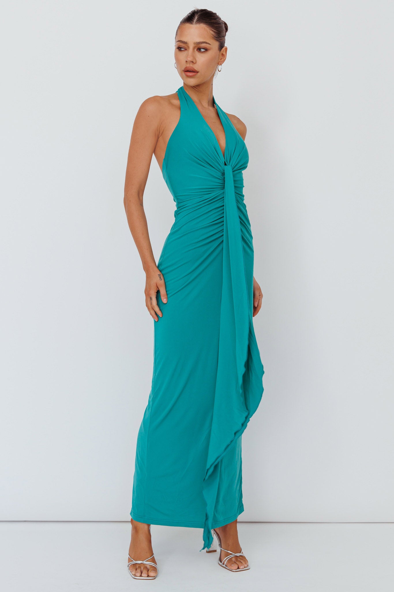 Ray Of Light Ruched Halterneck Maxi Dress Green by Selfie Leslie
