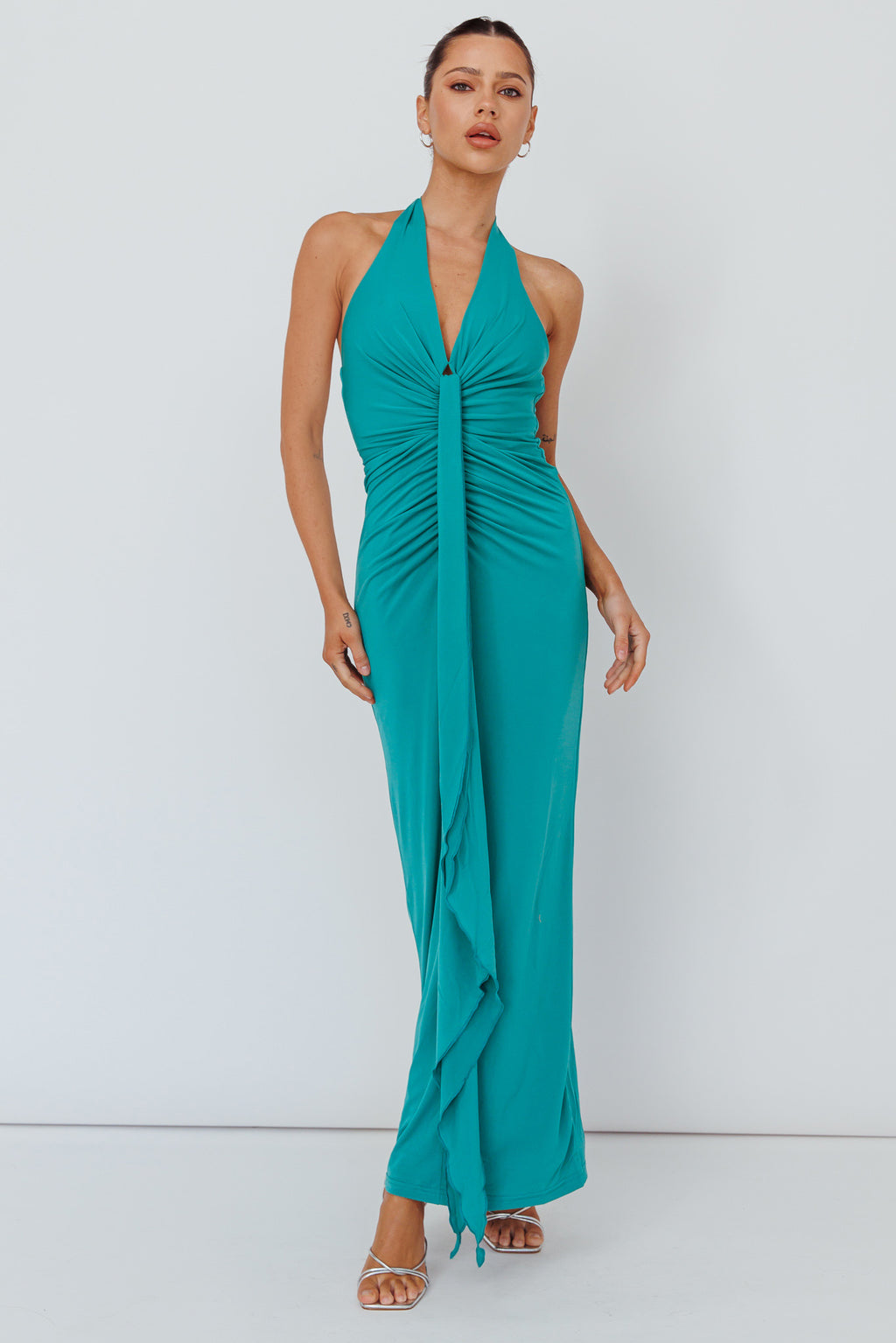 Ray Of Light Ruched Halterneck Maxi Dress Green by Selfie Leslie