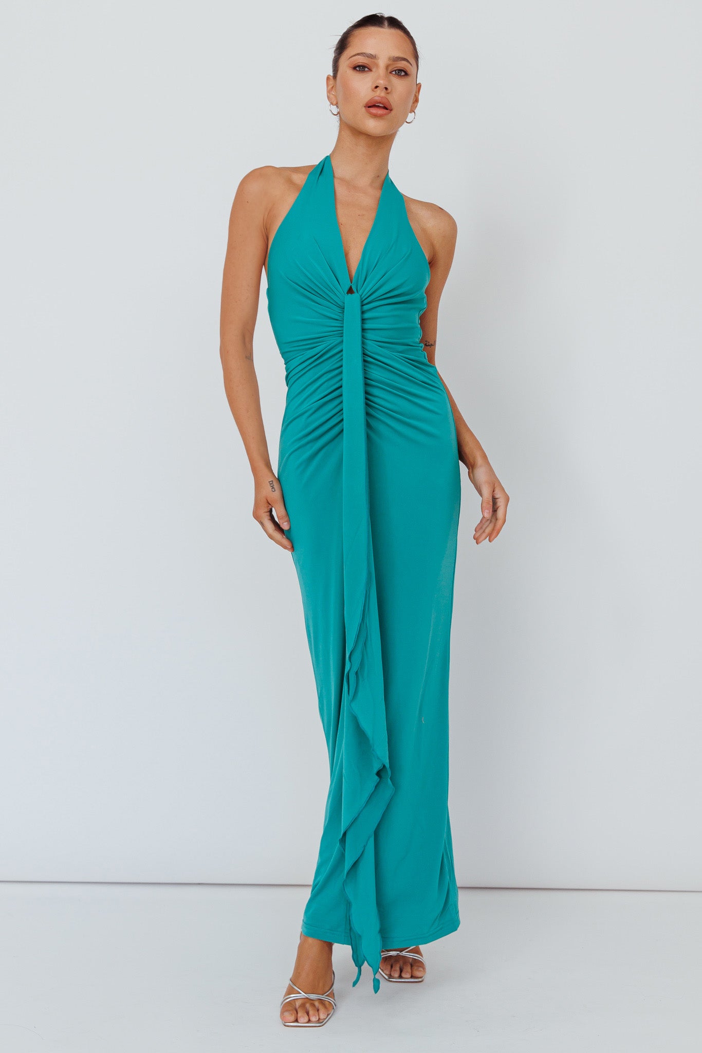 Ray Of Light Ruched Halterneck Maxi Dress Green by Selfie Leslie