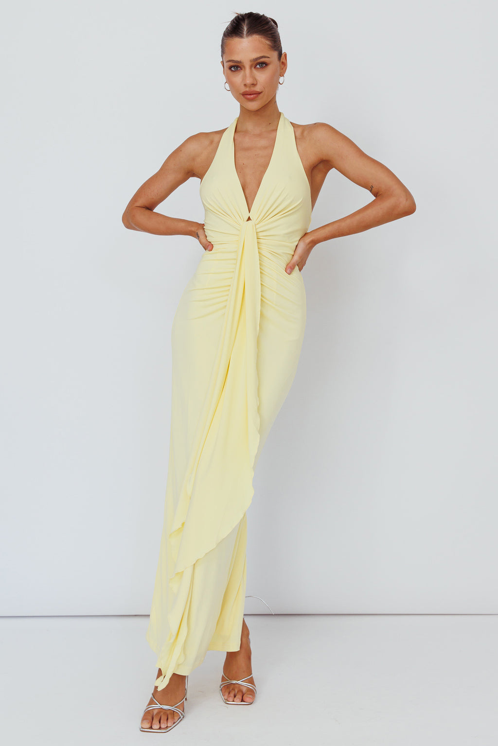 Ray Of Light Ruched Halterneck Maxi Dress Lemon by Selfie Leslie