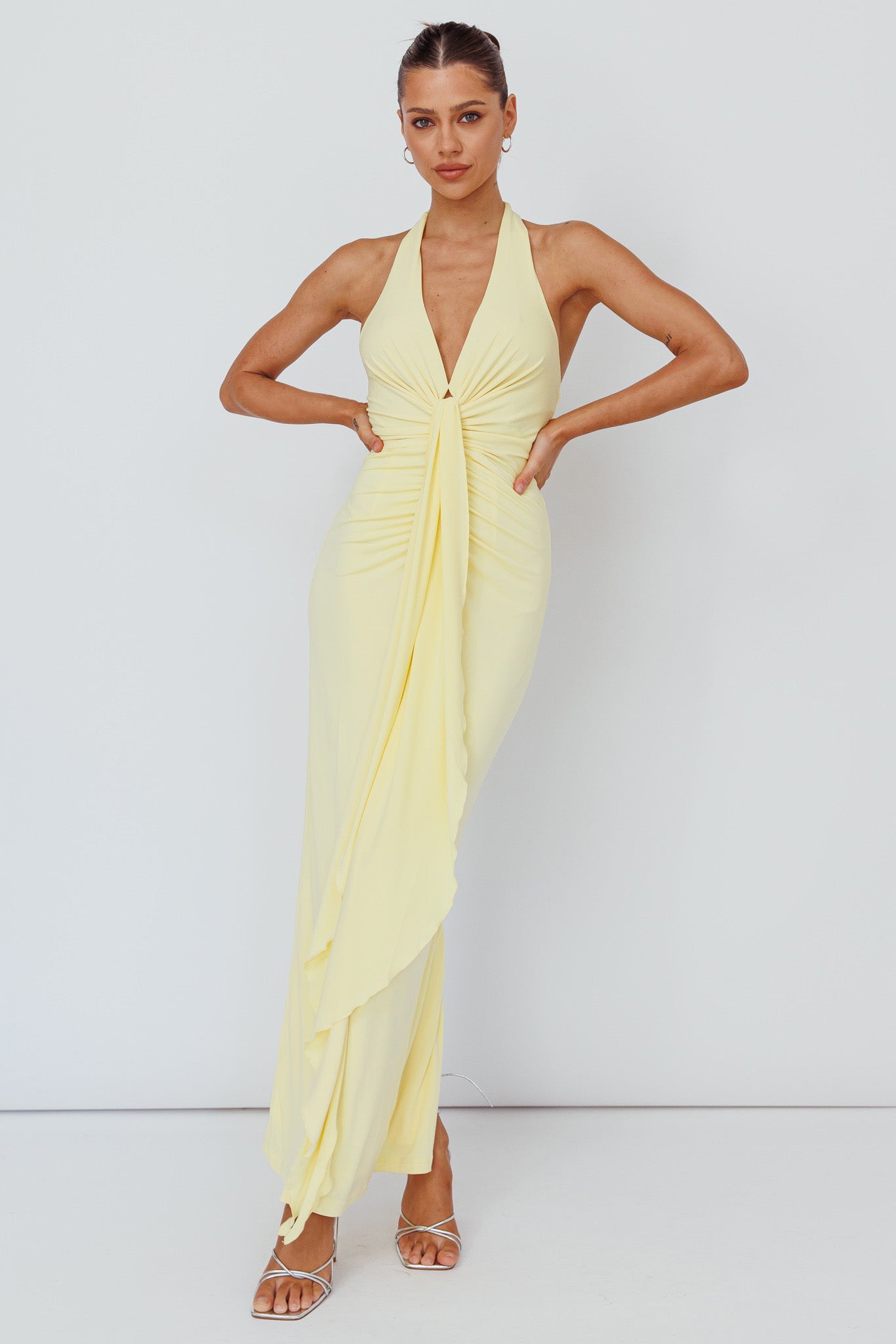Ray Of Light Ruched Halterneck Maxi Dress Lemon by Selfie Leslie