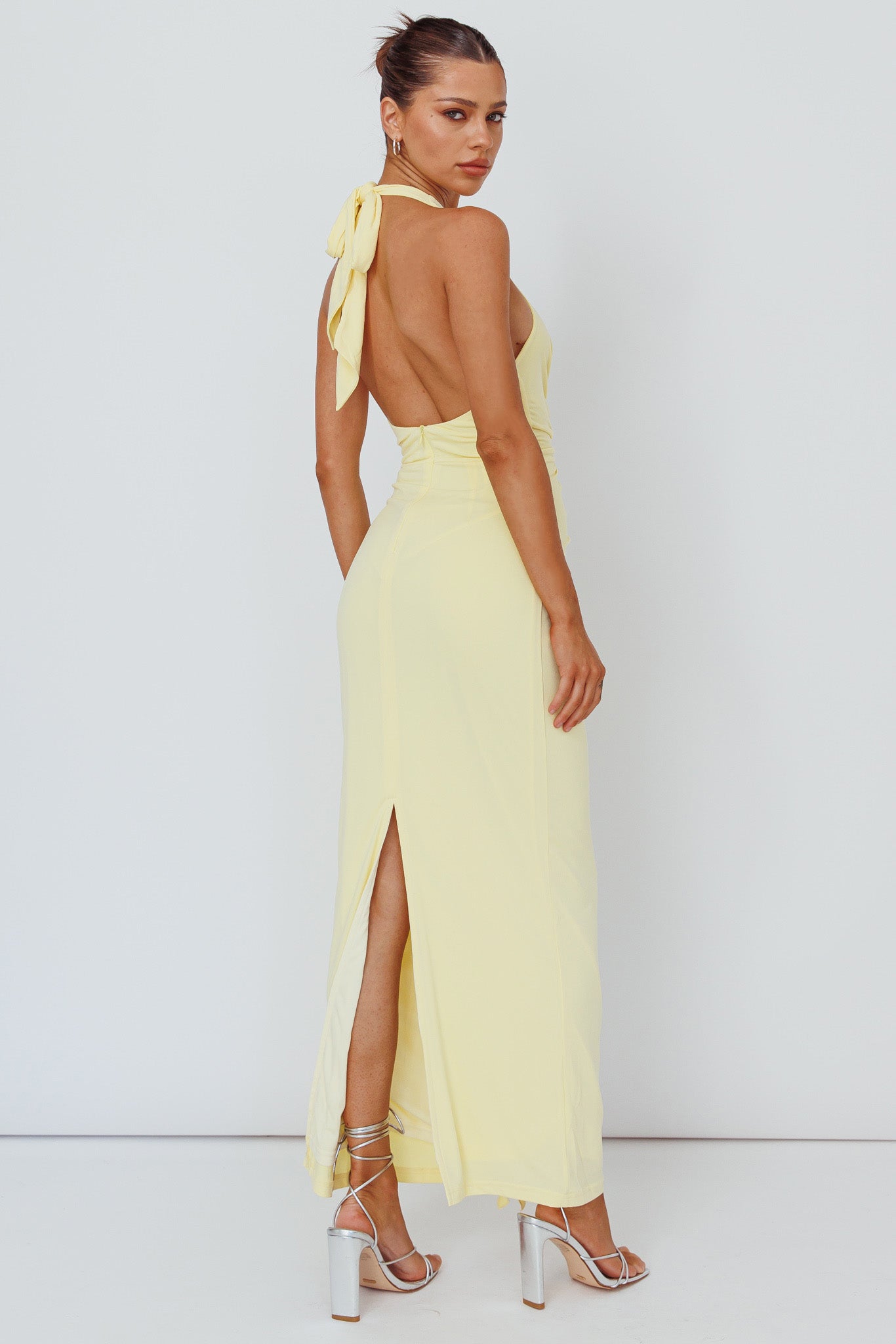 Ray Of Light Ruched Halterneck Maxi Dress Lemon Ray Of Light Ruched Halterneck Maxi Dress Lemon