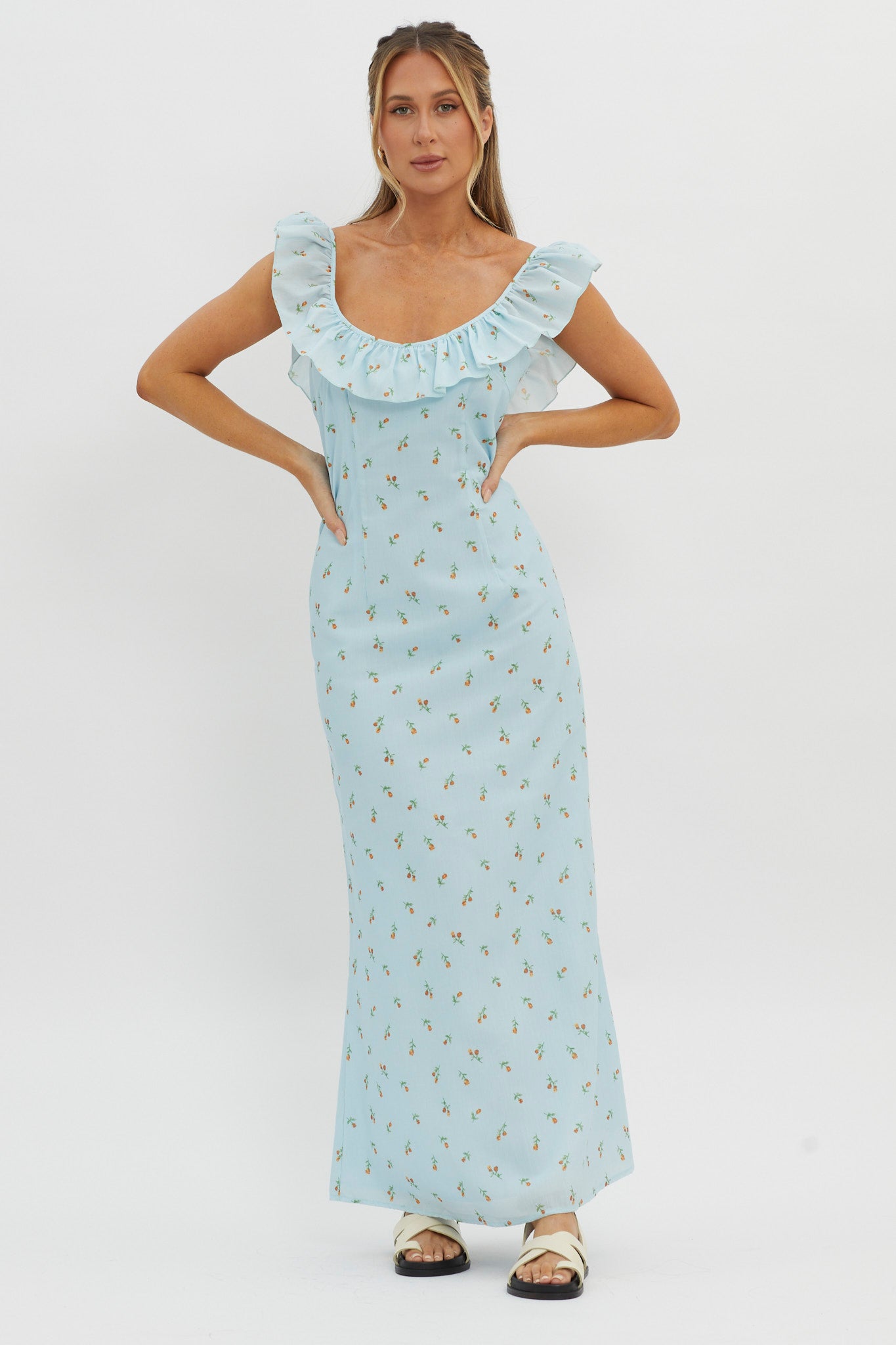 Merci Beaucoup Frill Neckline Maxi Dress Blue by Selfie Leslie