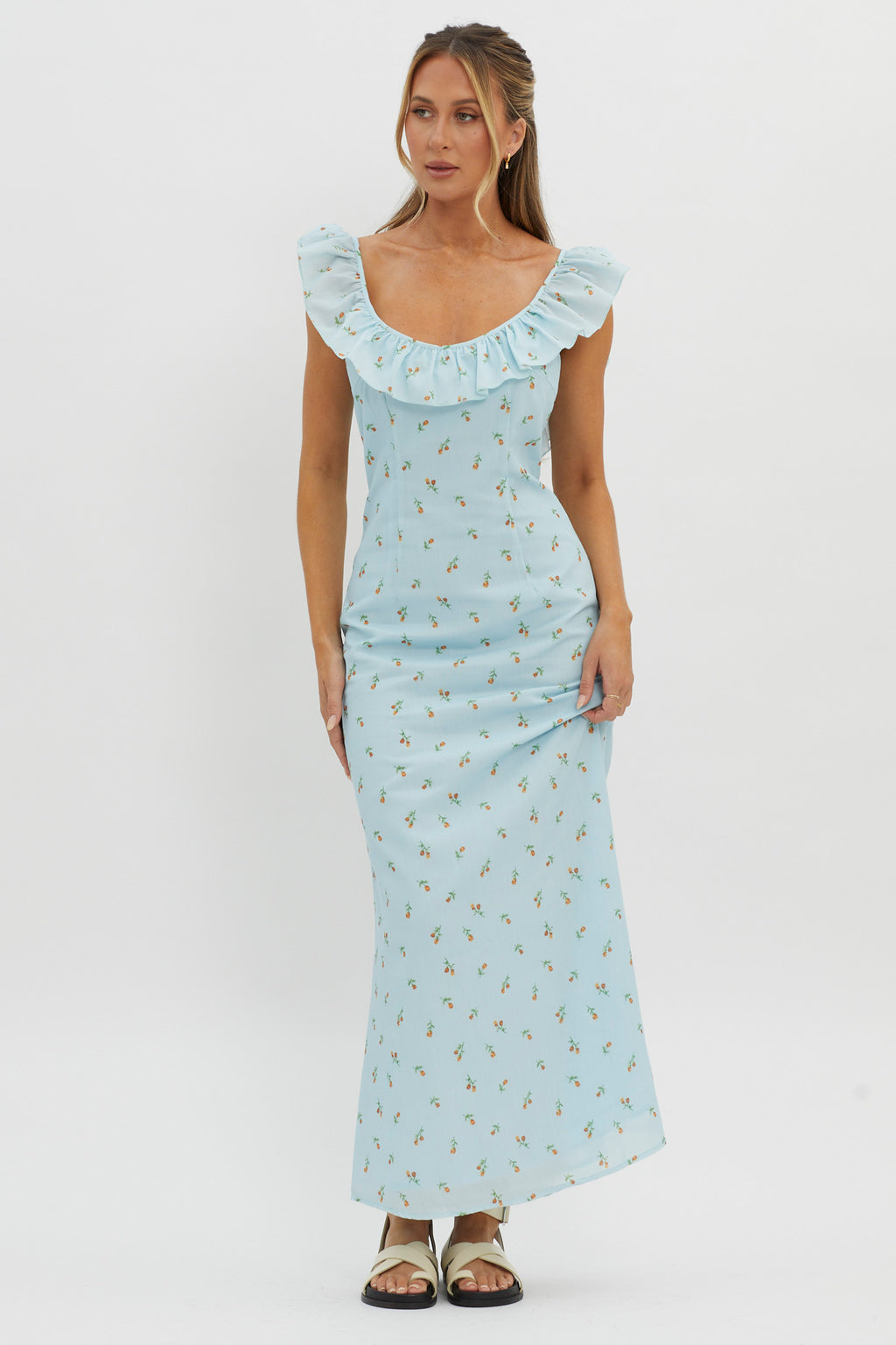 Merci Beaucoup Frill Neckline Maxi Dress Blue by Selfie Leslie
