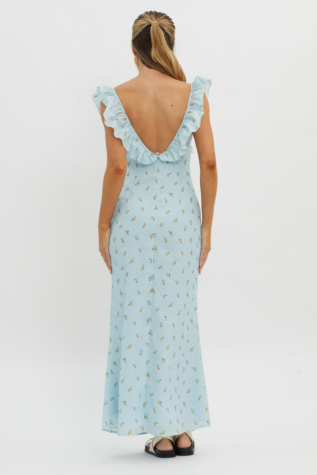 Merci Beaucoup Frill Neckline Maxi Dress Blue by Selfie Leslie