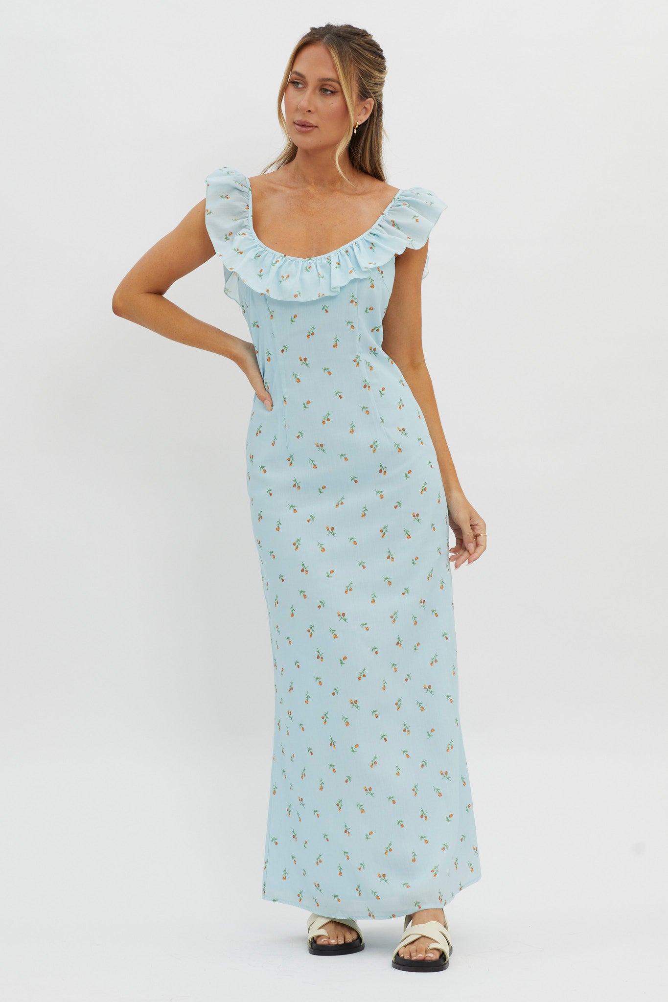 Merci Beaucoup Frill Neckline Maxi Dress Blue by Selfie Leslie