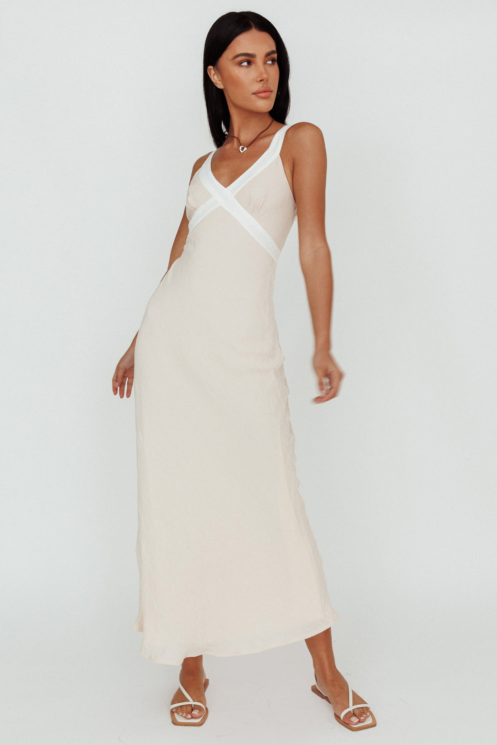 Zariah V-Neck Maxi Dress Beige by Selfie Leslie