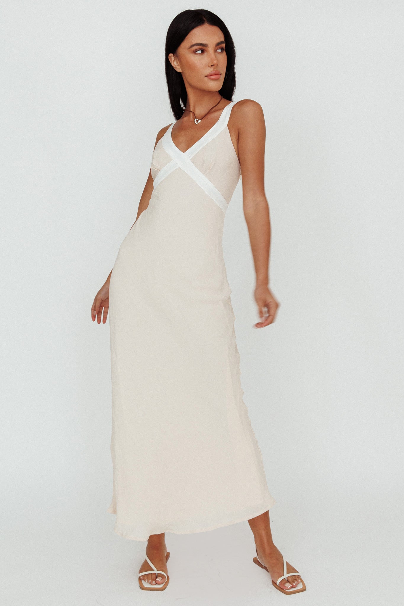 Zariah V-Neck Maxi Dress Beige by Selfie Leslie