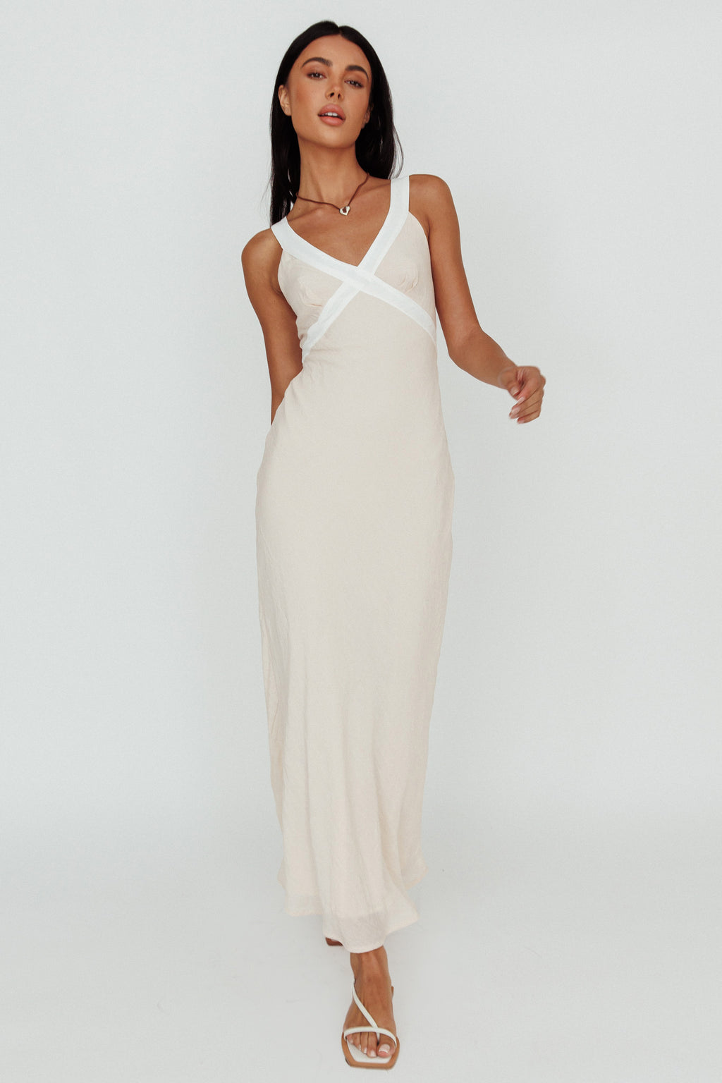 Zariah V-Neck Maxi Dress Beige by Selfie Leslie