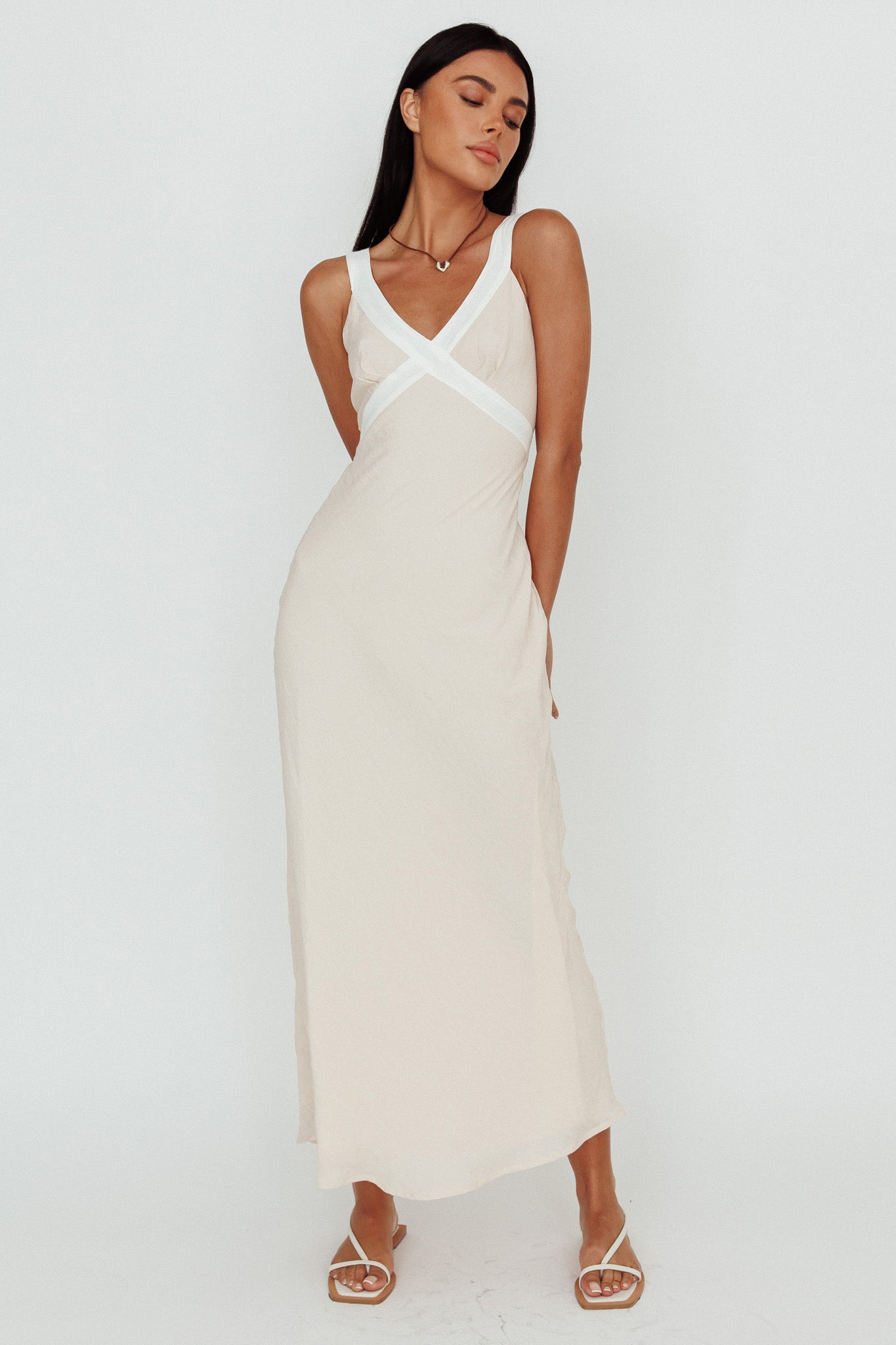 Zariah V-Neck Maxi Dress Beige by Selfie Leslie