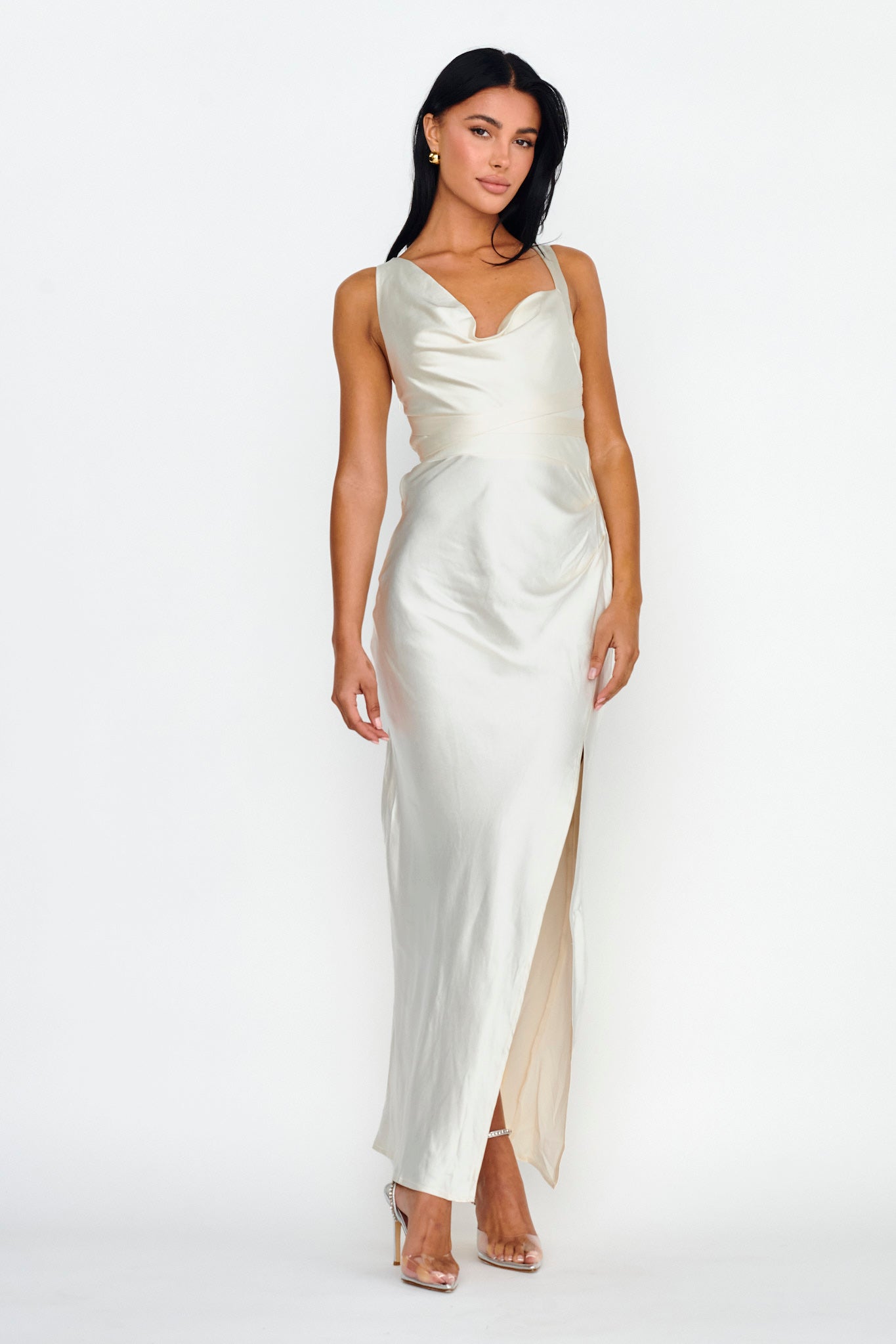 Midnight Sun Asymmetrical Strap Maxi Dress Oyster by Selfie Leslie