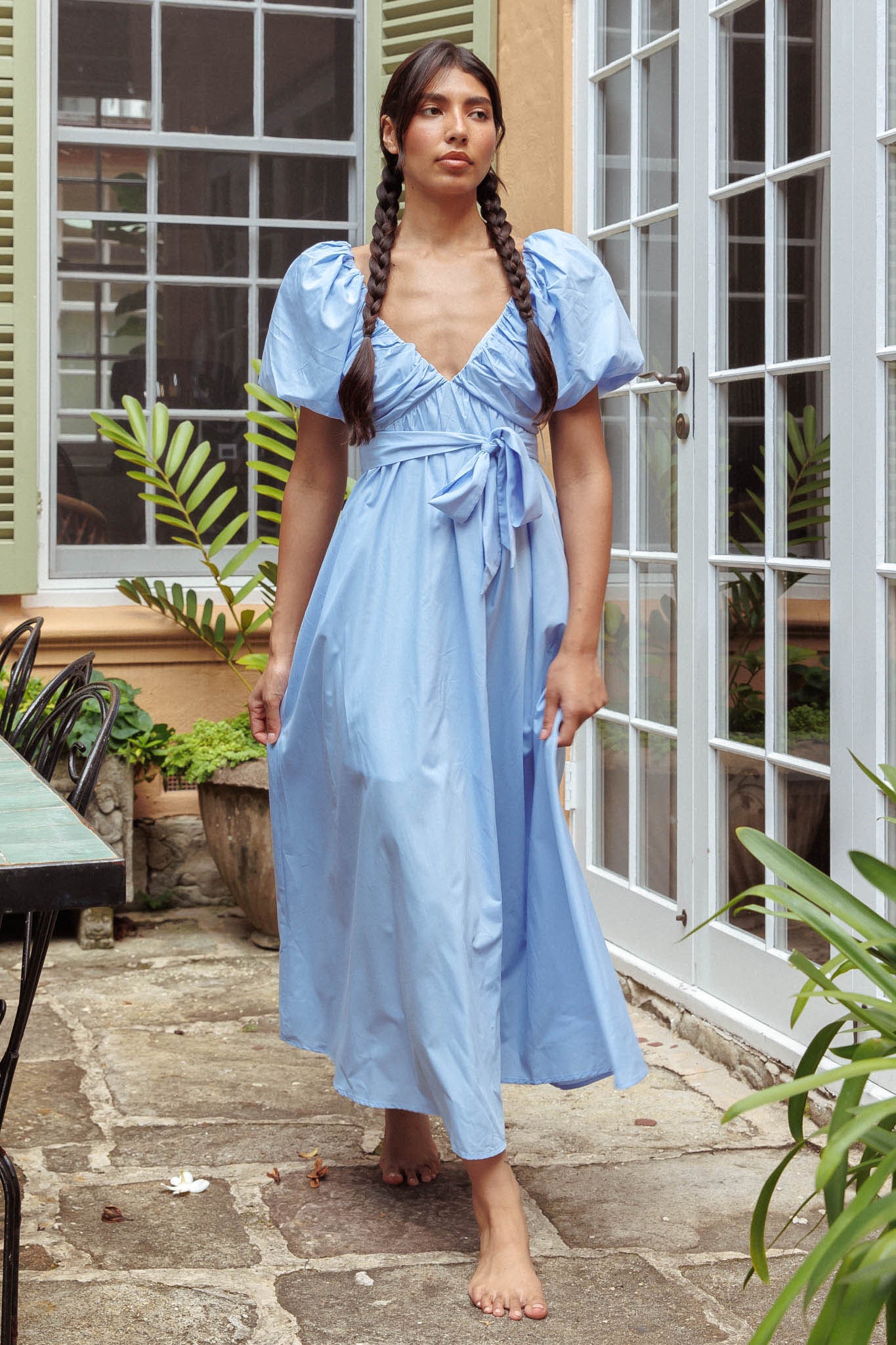 Mayflower Puff Sleeve Waist Tie Midi Dress Blue | Selfie Leslie