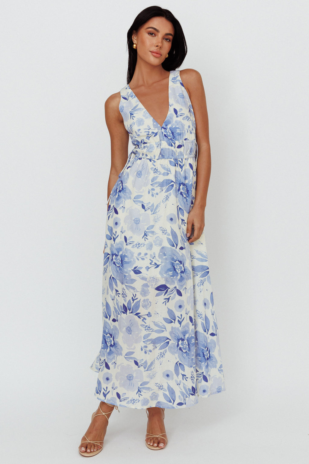 Perla V-Neck Drawstring Maxi Dress Floral Blue by Selfie Leslie