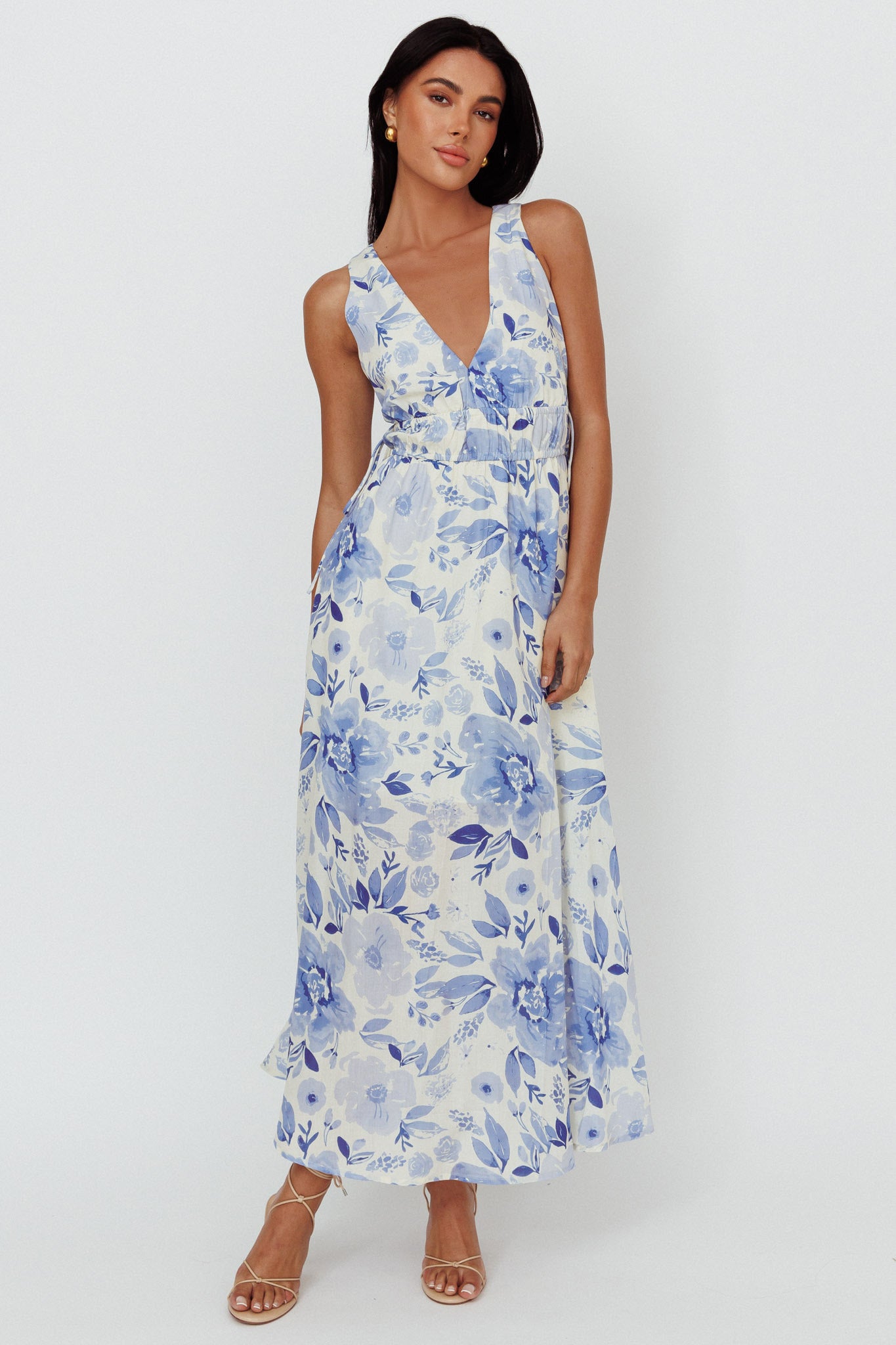 Perla V-Neck Drawstring Maxi Dress Floral Blue by Selfie Leslie
