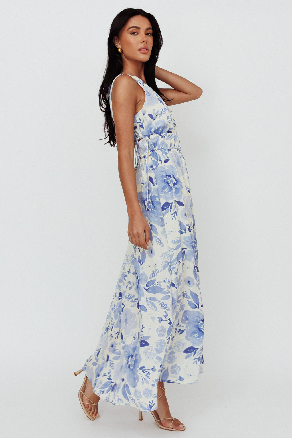 Perla V-Neck Drawstring Maxi Dress Floral Blue by Selfie Leslie