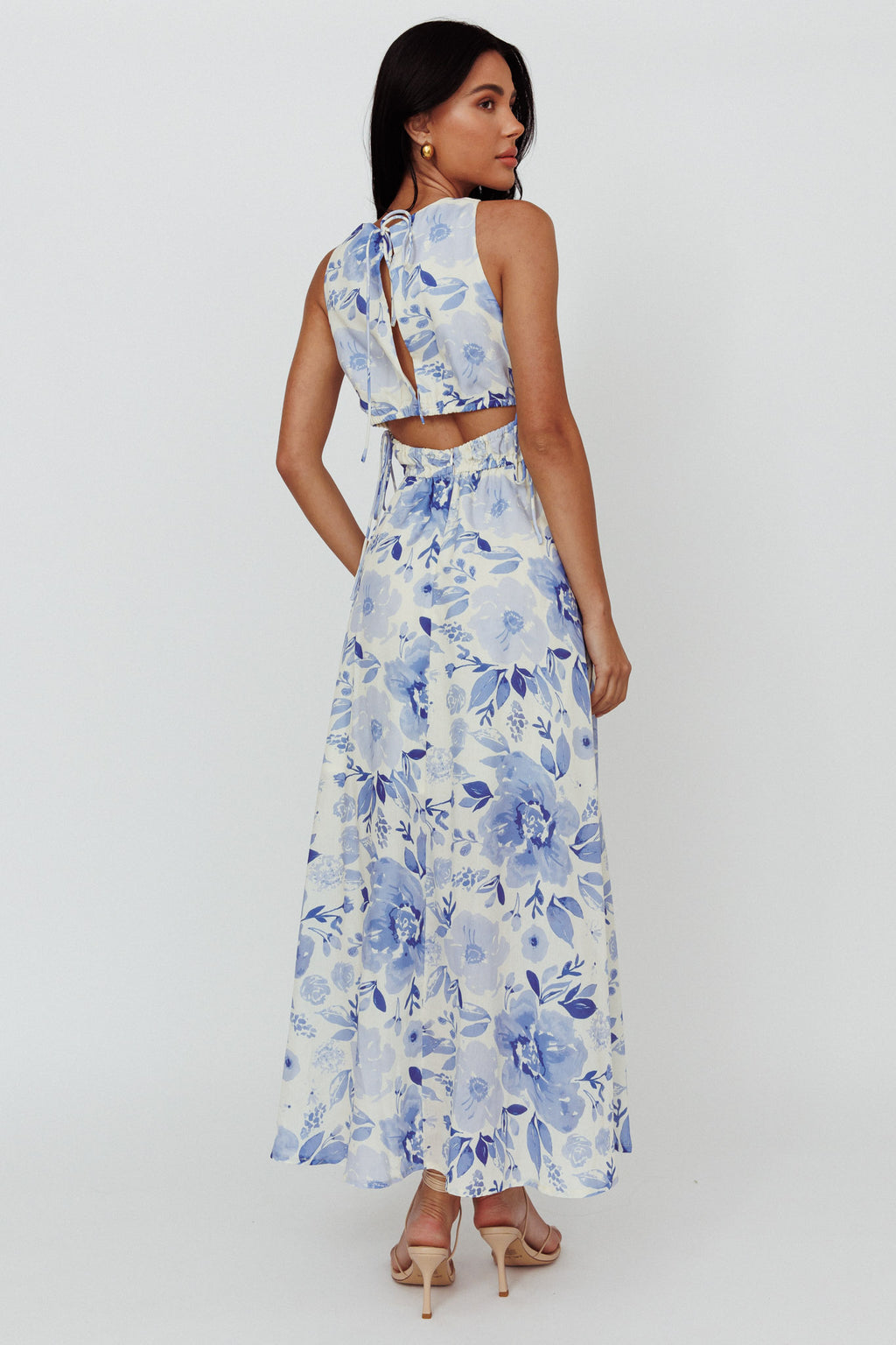 Perla V-Neck Drawstring Maxi Dress Floral Blue by Selfie Leslie