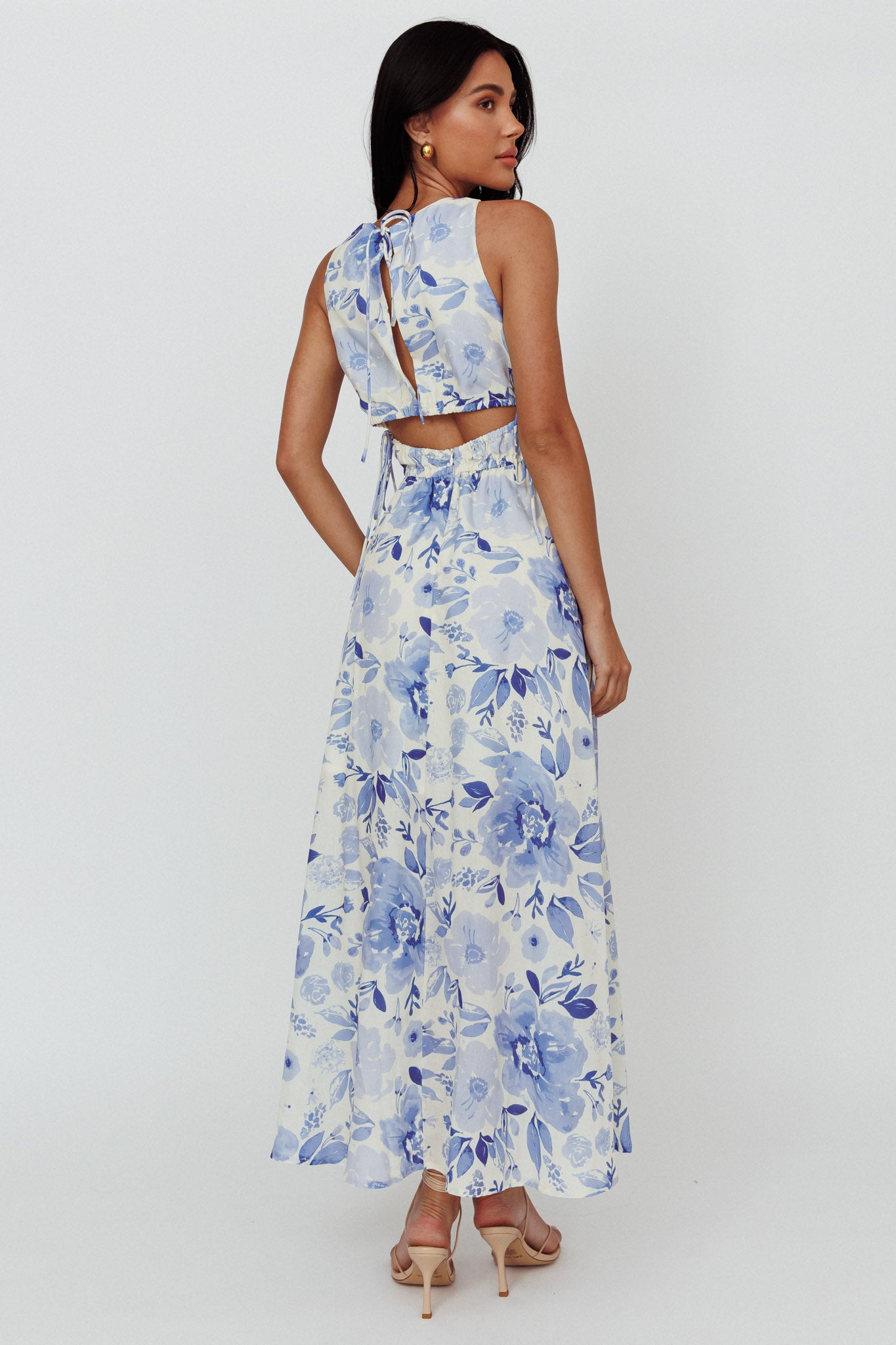 Perla V-Neck Drawstring Maxi Dress Floral Blue by Selfie Leslie