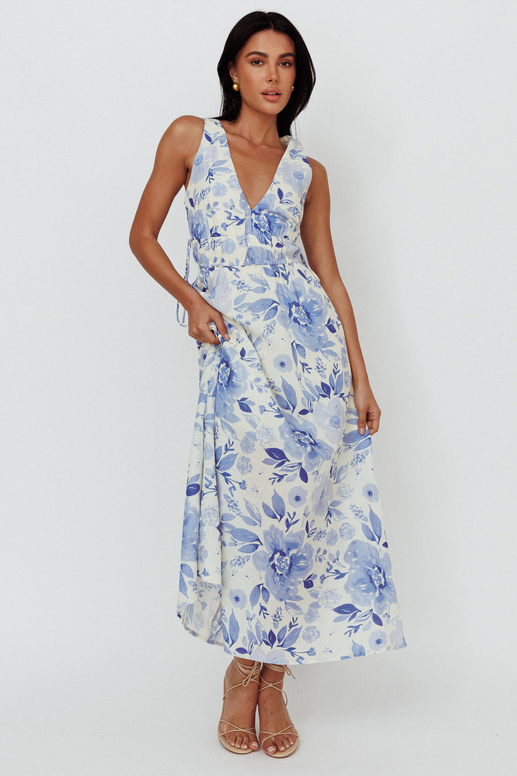 Perla V-Neck Drawstring Maxi Dress Floral Blue by Selfie Leslie