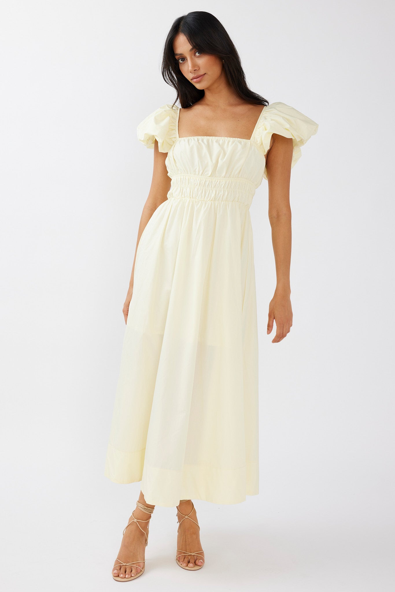 Rose Meadow Puffed Sleeve Midi Dress Banana by Selfie Leslie