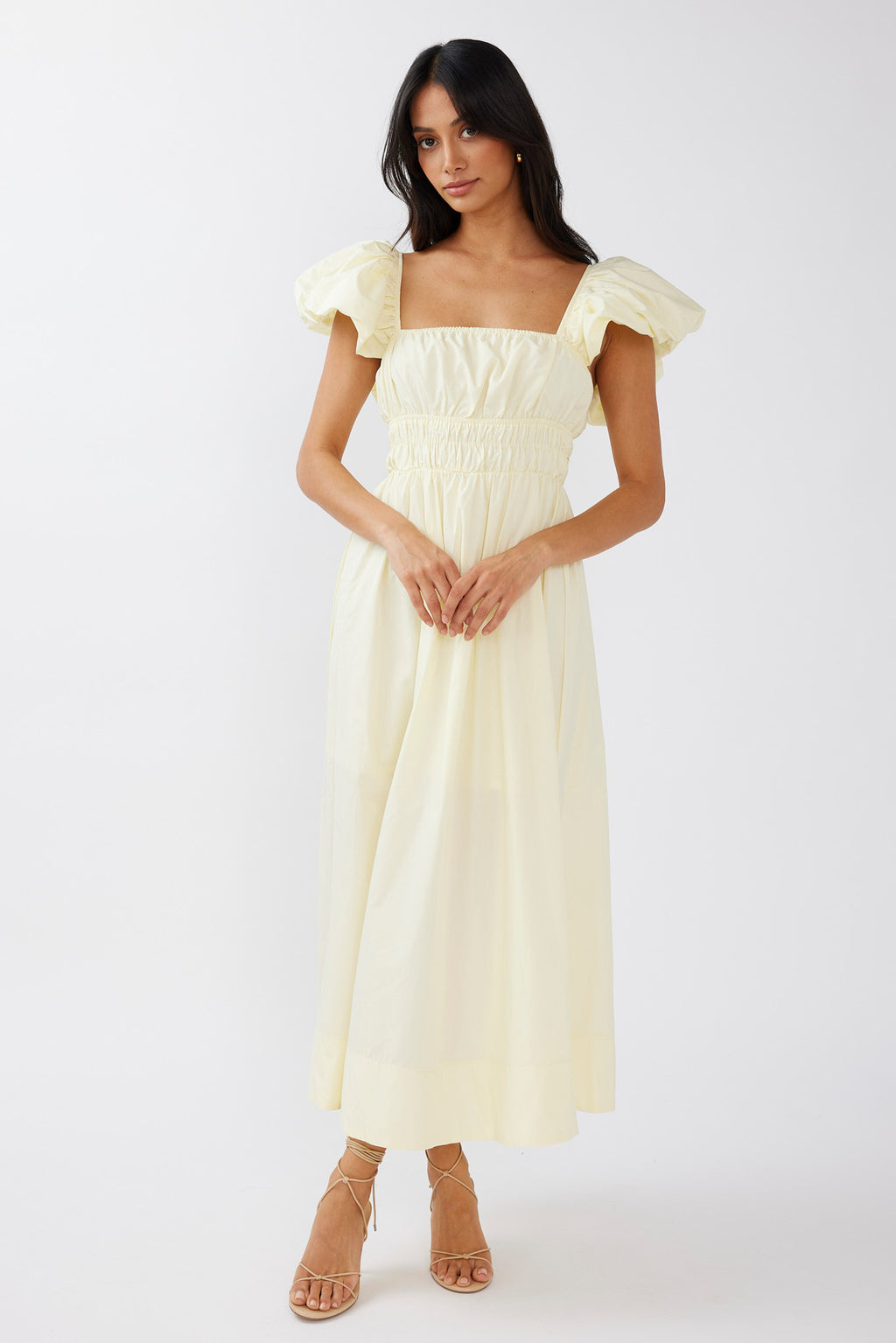 Rose Meadow Puffed Sleeve Midi Dress Banana by Selfie Leslie