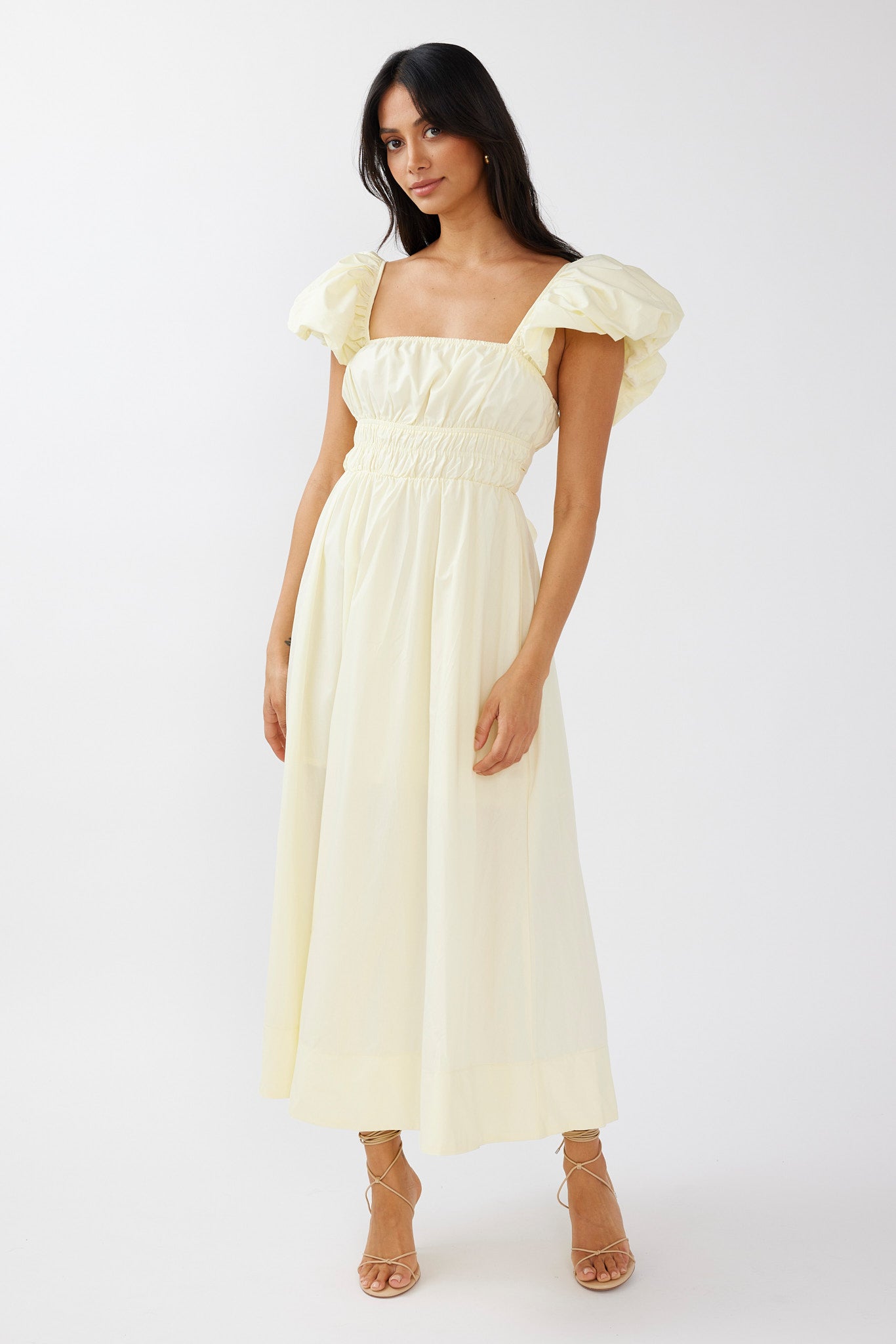 Rose Meadow Puffed Sleeve Midi Dress Banana by Selfie Leslie