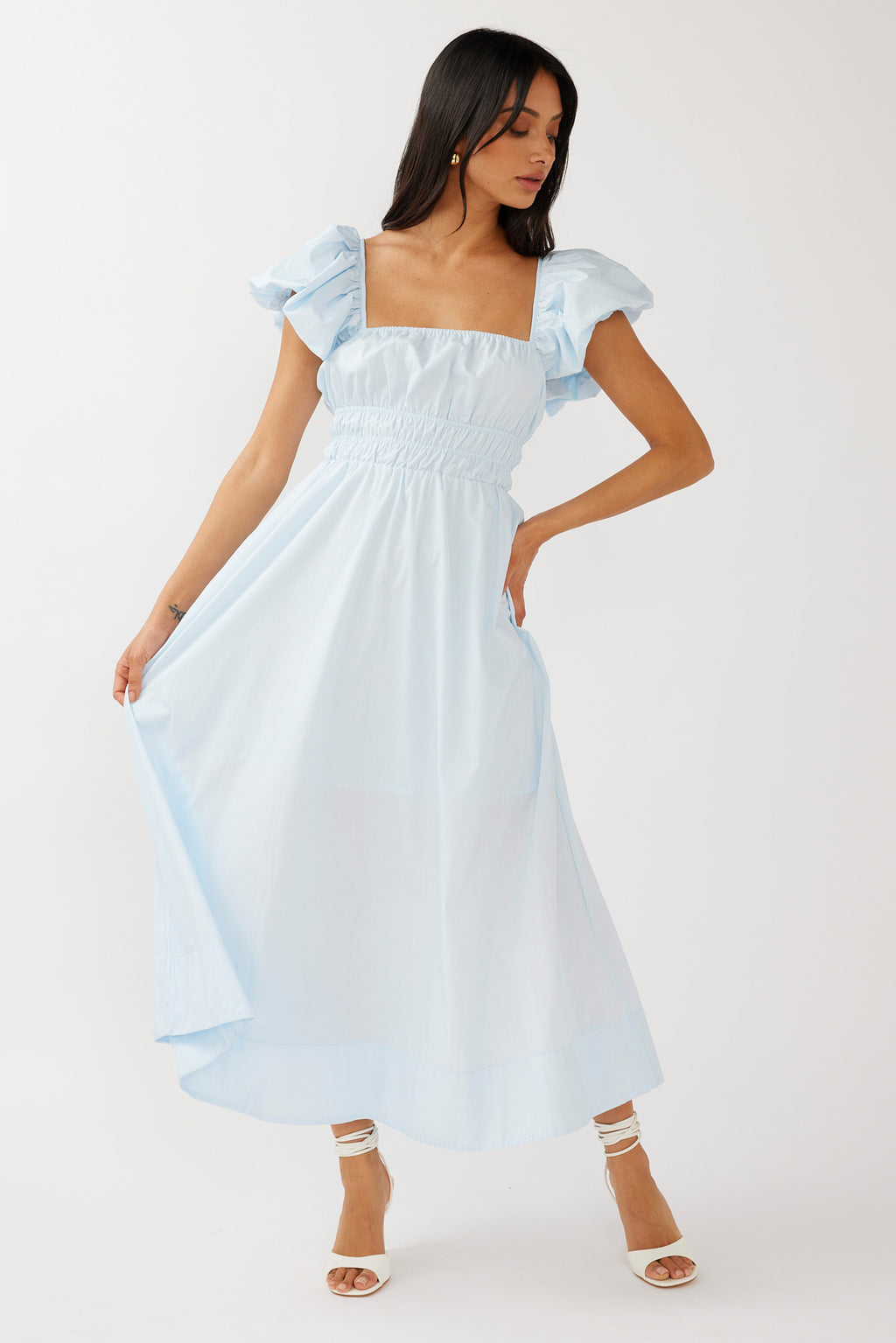 Rose Meadow Puffed Sleeve Midi Dress Blue by Selfie Leslie