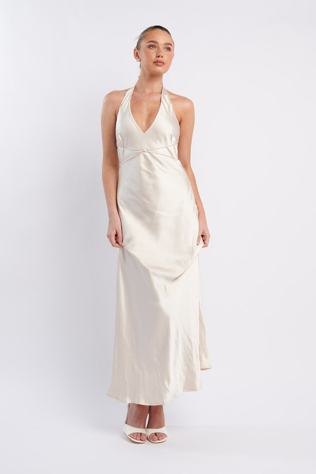 Alenni Halterneck V-Neck Midi Dress Champagne by Selfie Leslie