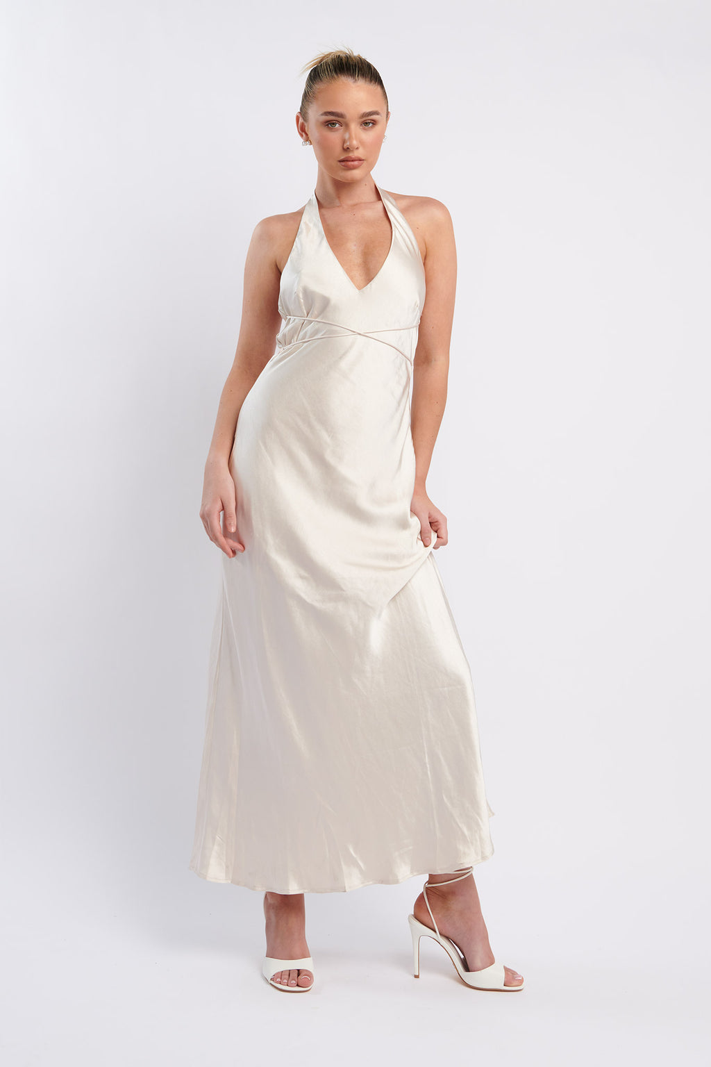 Alenni Halterneck V-Neck Midi Dress Champagne by Selfie Leslie