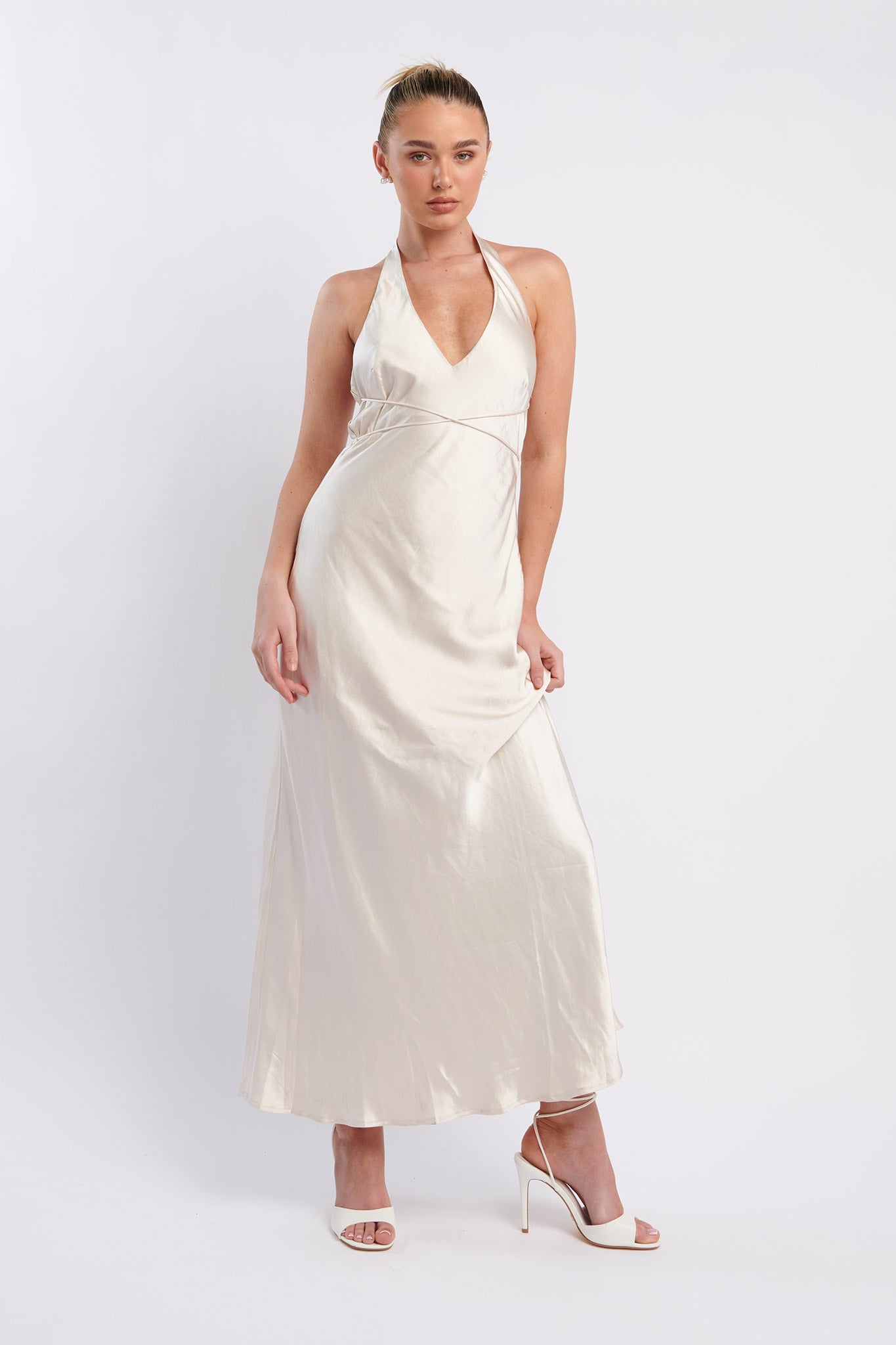 halter v neck midi dress Alenni Halterneck V-Neck Midi Dress Champagne