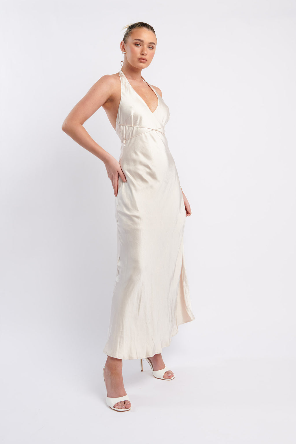 Alenni Halterneck V-Neck Midi Dress Champagne by Selfie Leslie