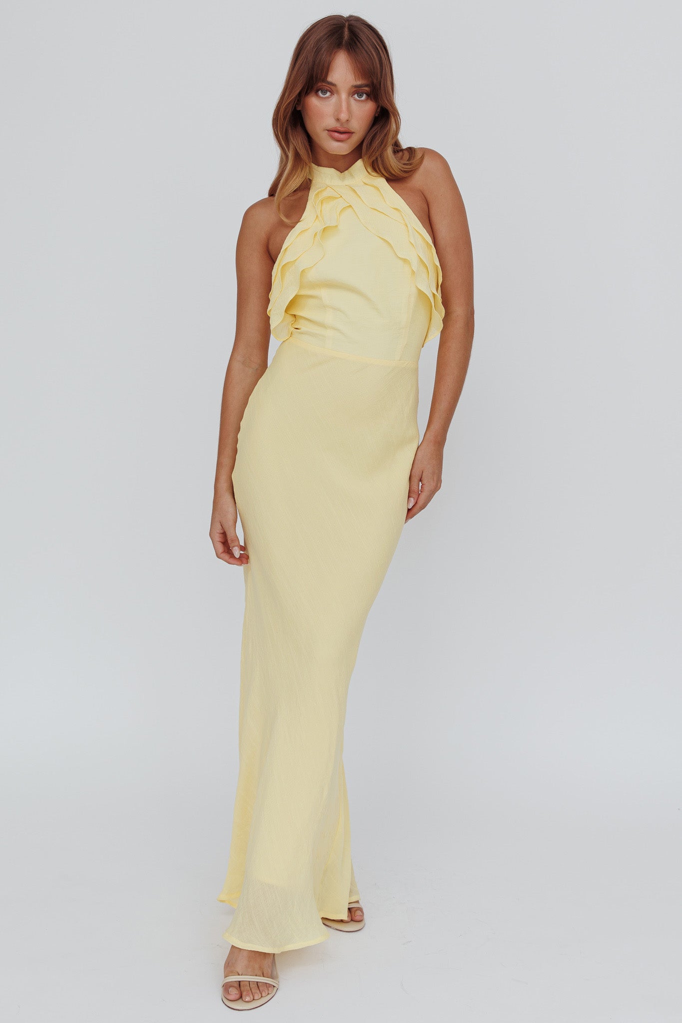 Topaz Skies Halterneck Ruffle Dress Banana by Selfie Leslie