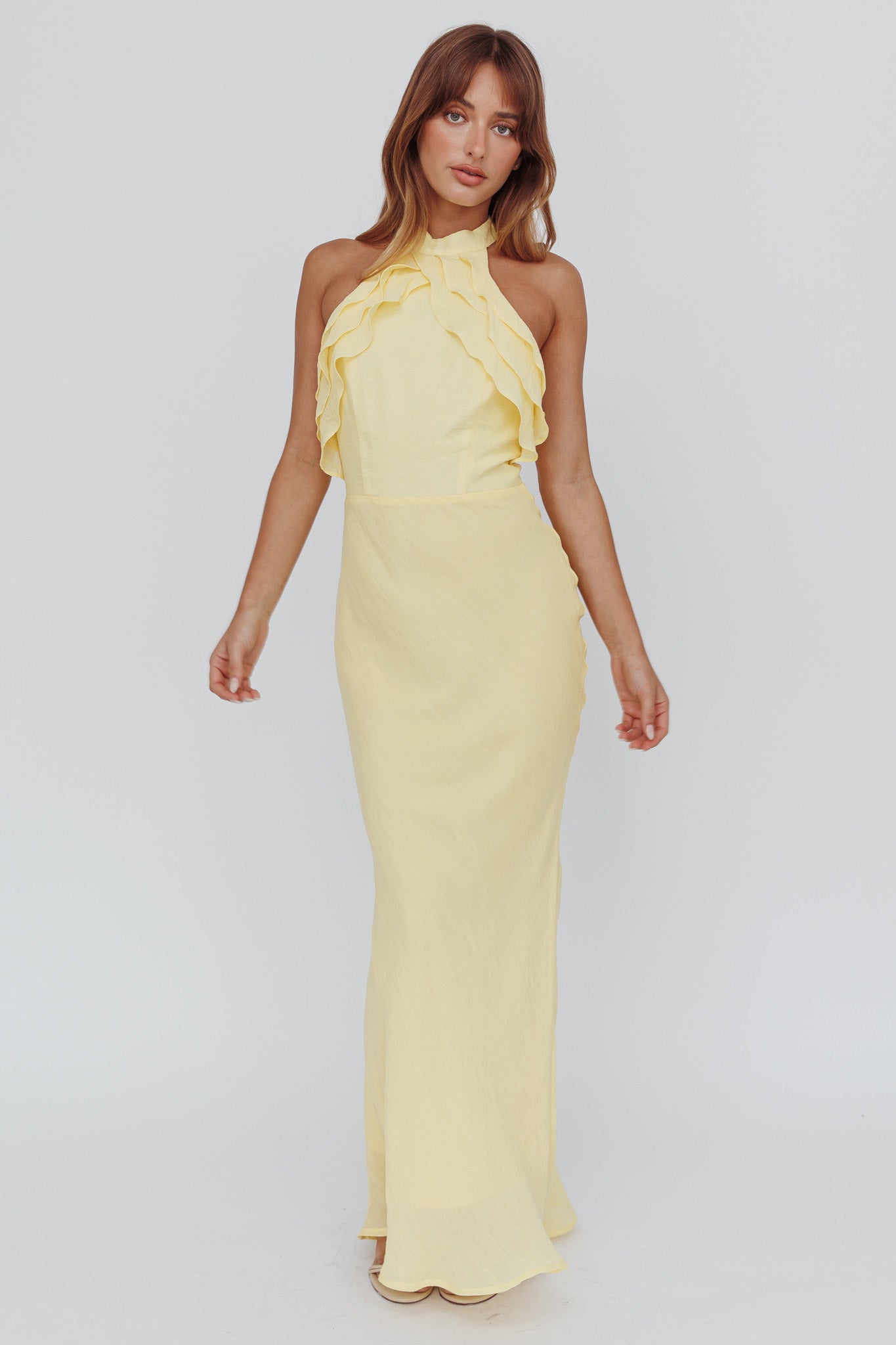 Topaz Skies Halterneck Ruffle Dress Banana by Selfie Leslie