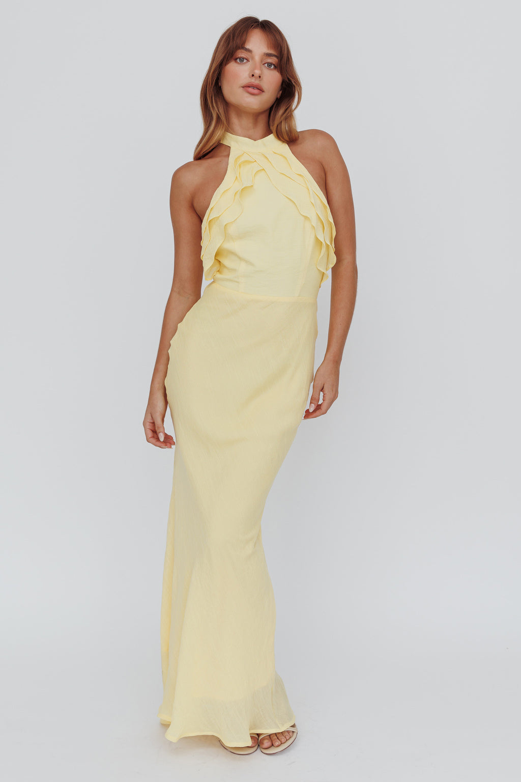Topaz Skies Halterneck Ruffle Dress Banana by Selfie Leslie