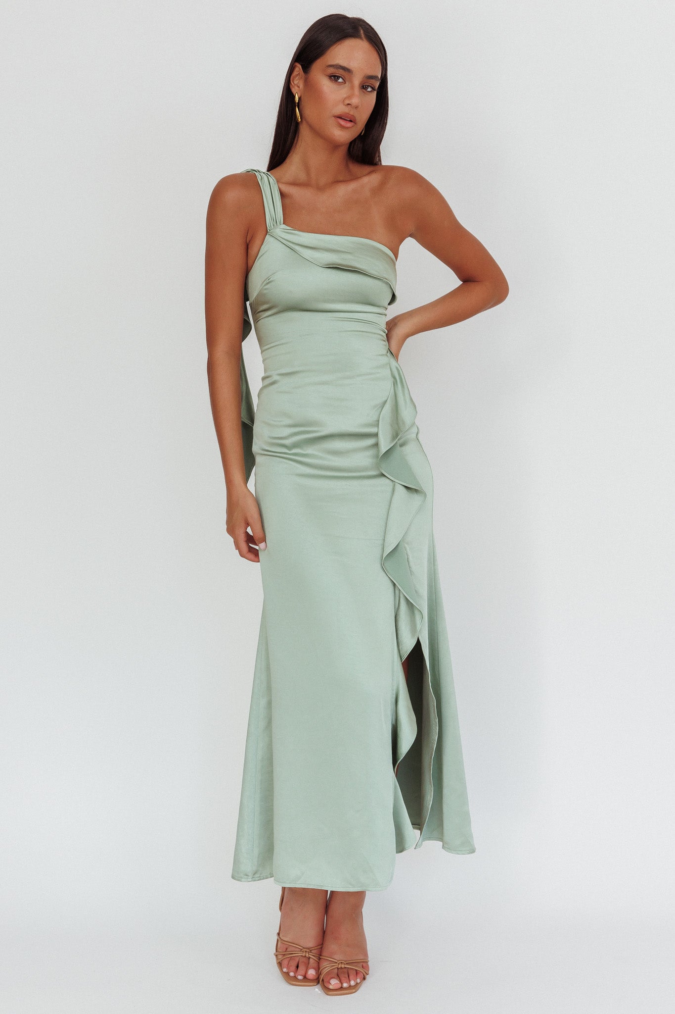 Carmel One-Shoulder Split Maxi Dress Sage by Selfie Leslie