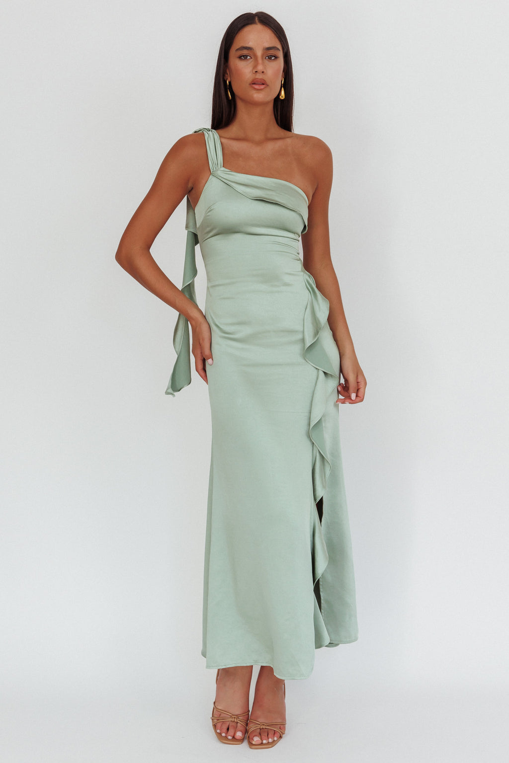Carmel One-Shoulder Split Maxi Dress Sage by Selfie Leslie