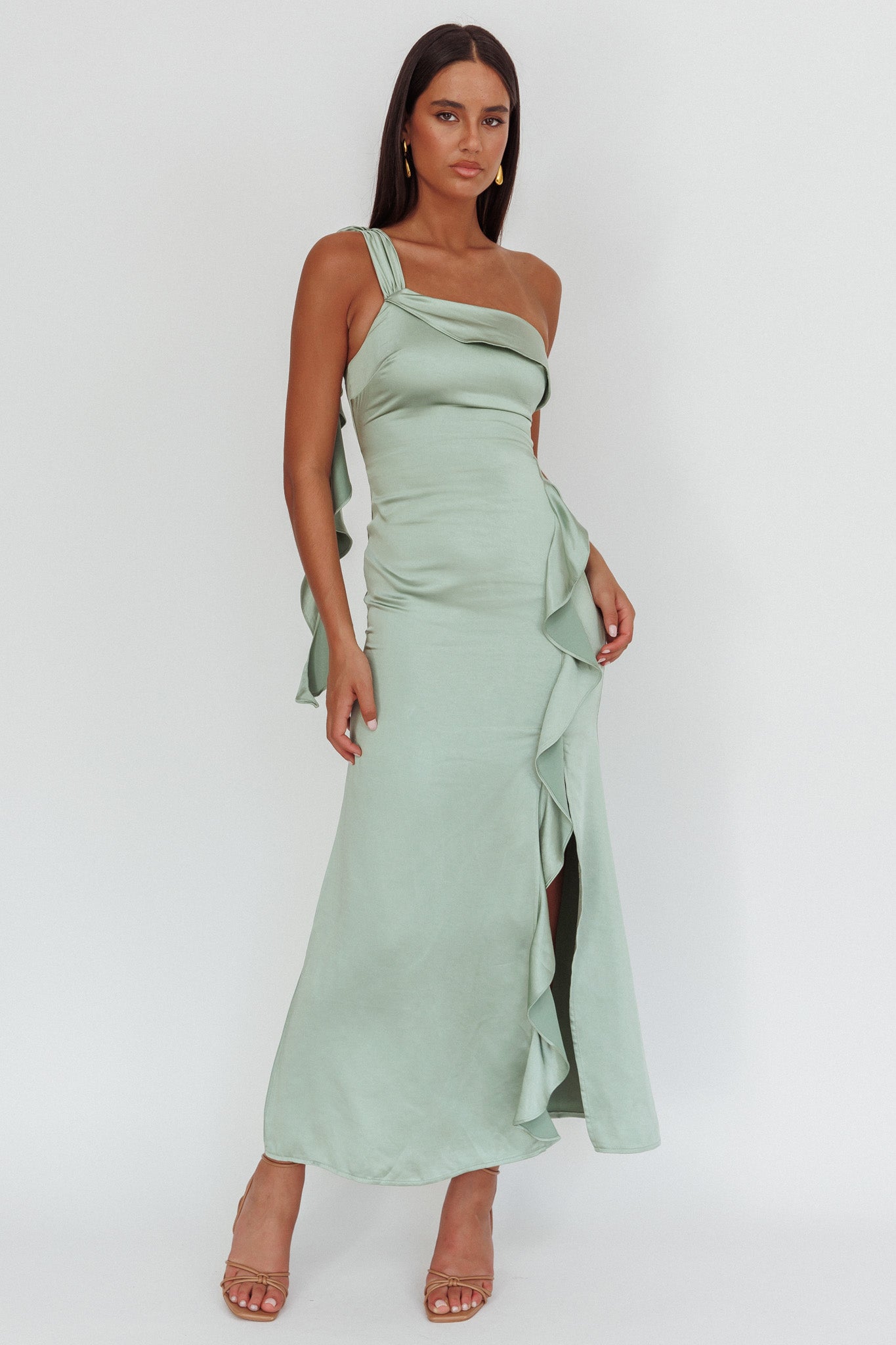 Carmel One-Shoulder Split Maxi Dress Sage by Selfie Leslie